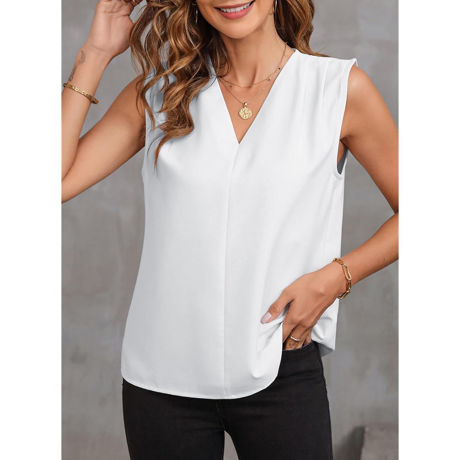 EVALESS Dames Pleated tanktop V Neck Casual mouwloos - Image 3