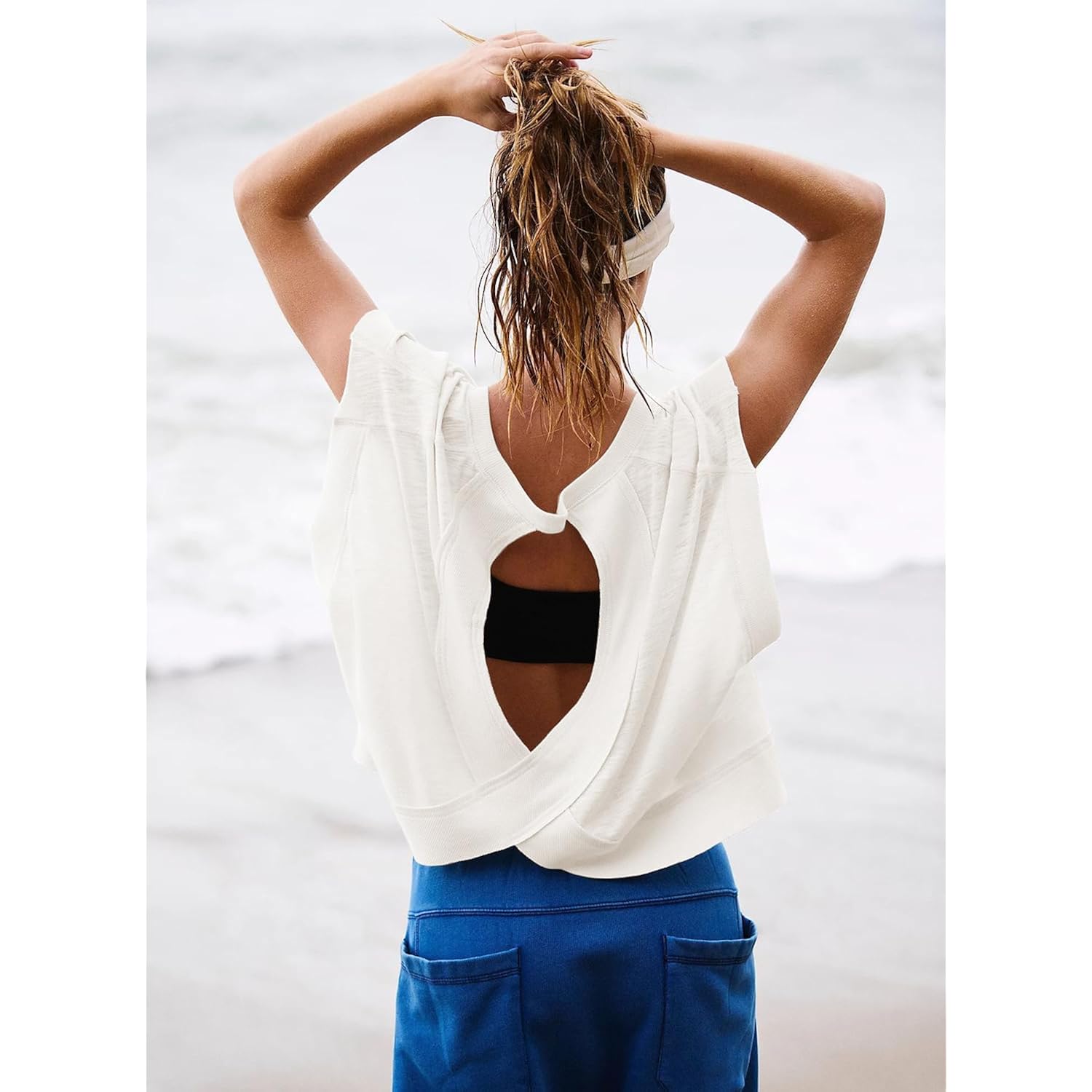 Dames korte mouw Workout shirt Open Back top - Image 4