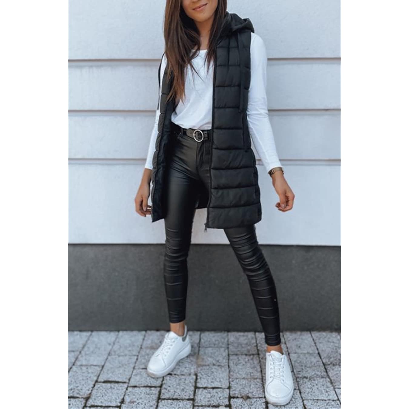 Veatzaer Dames lang bodywarmer Solid Color Sleeveless capuchon - Image 4