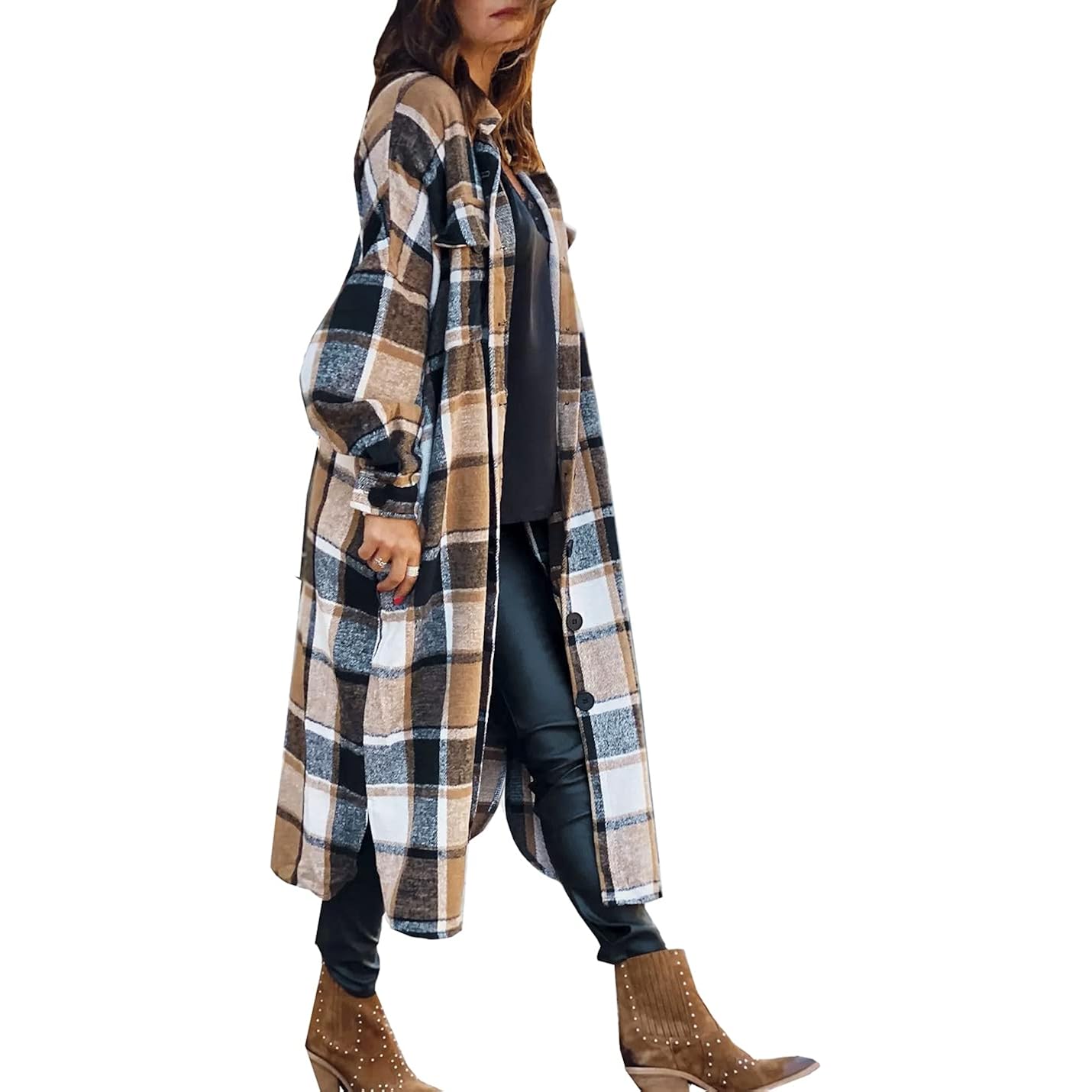 SKIKYAN Dames Fall Flannel Plaid Shacket Jacket oversized