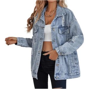 LifeShe Dames lang oversized denim jas boyfriend ripped