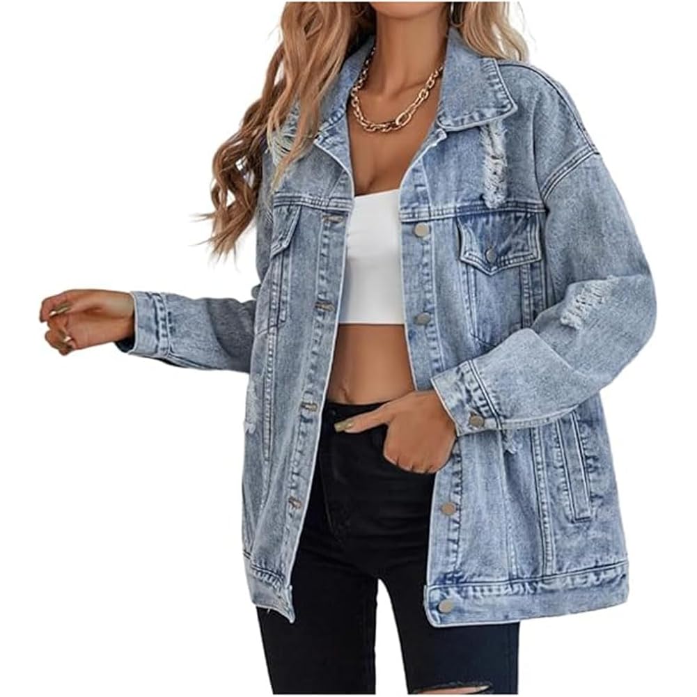 LifeShe Dames lang oversized denim jas boyfriend ripped