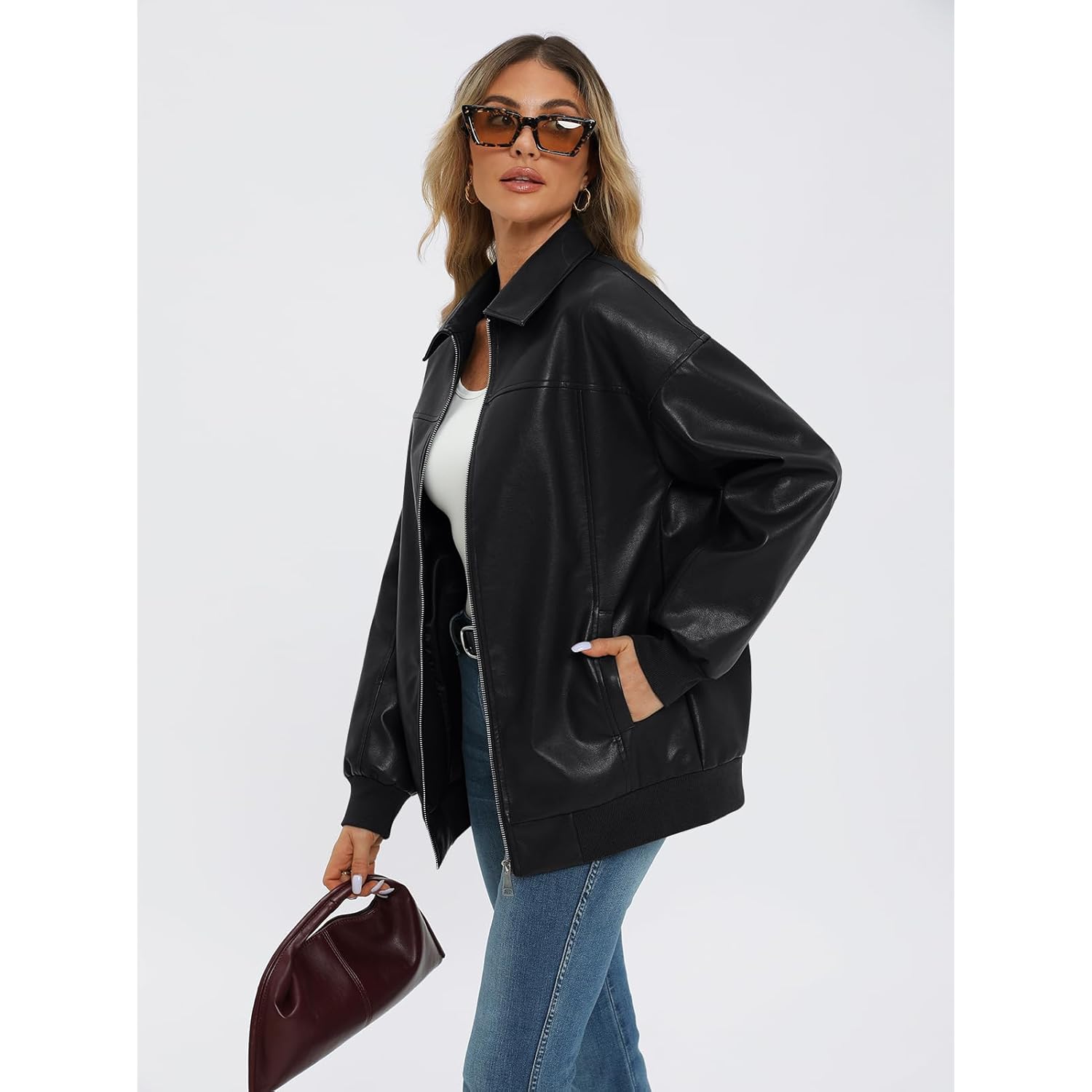AUTOMET Dames oversized Leather jas rits Up mantel - Image 3