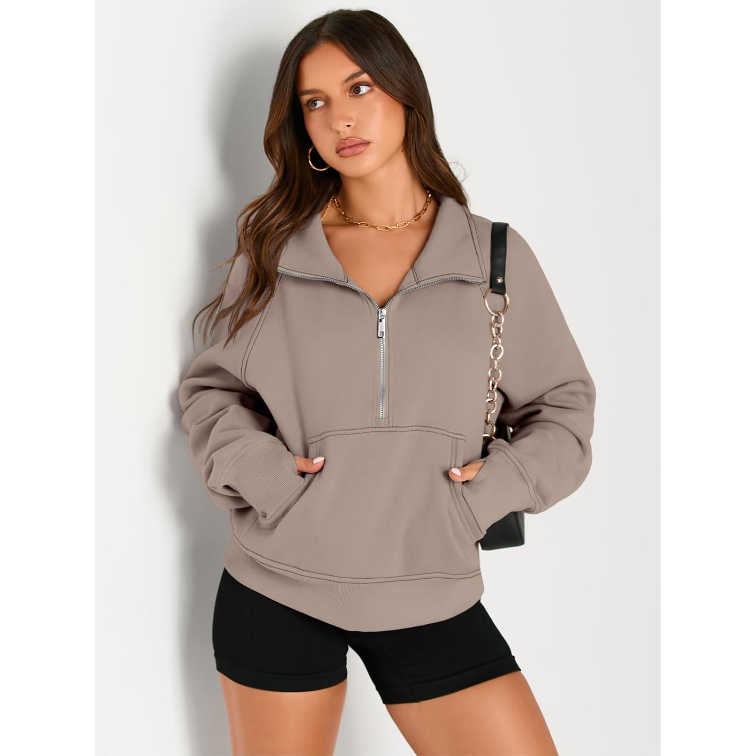 AUTOMET Dames sweatshirt halve rits cropped pullover fleece - Image 3