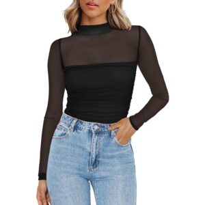 Zeagoo Dames Mesh Sheer lange mouw top Mock