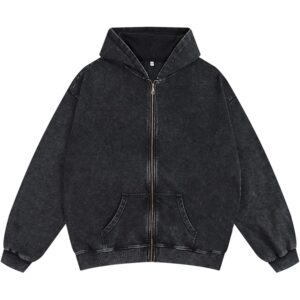 Heren zip Acid Wash Hoodie Vintage oversized Casual Fall Jacket Cotton Hooded