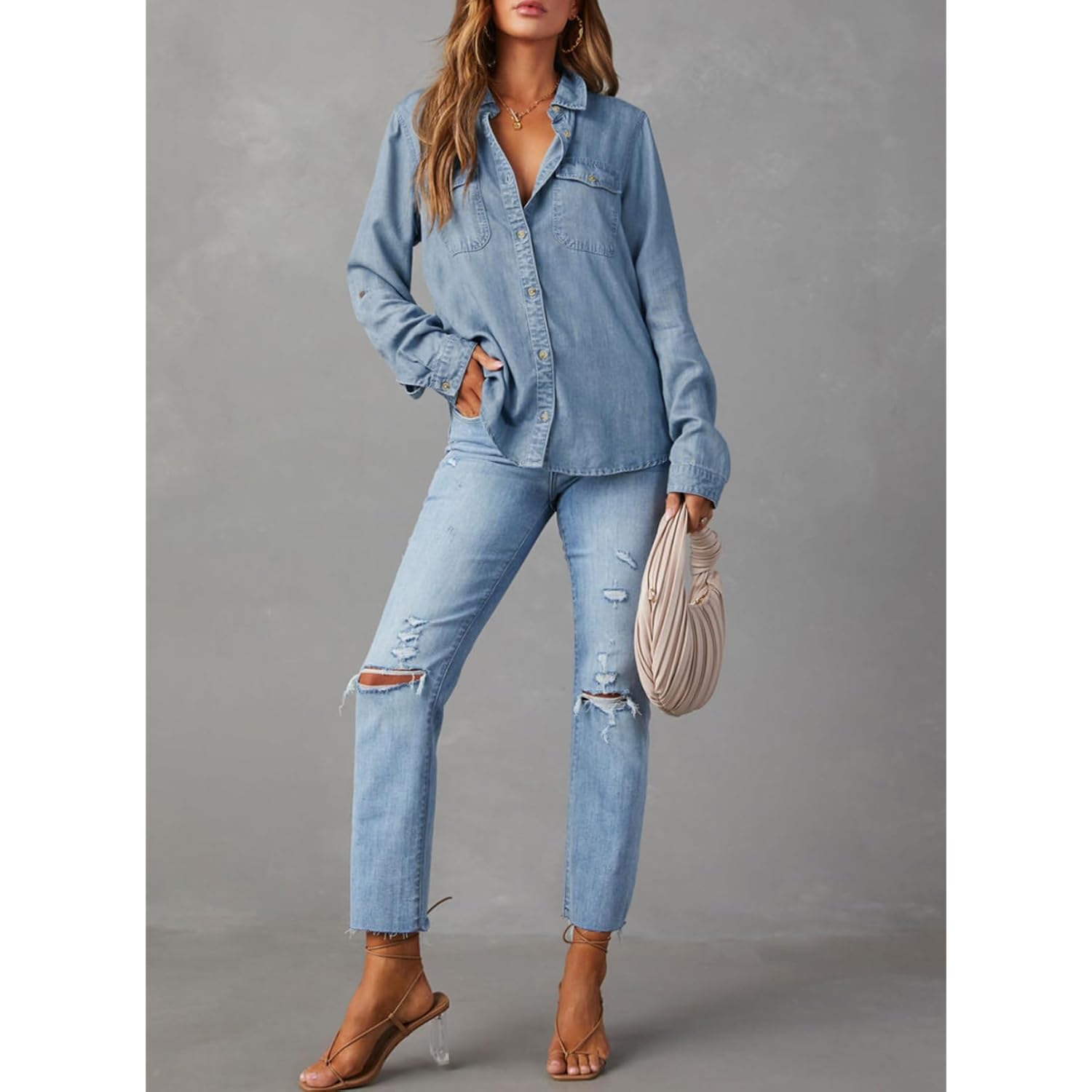 Astylish Dames doorknoop Denim shirt Casual lange mouw - Image 4