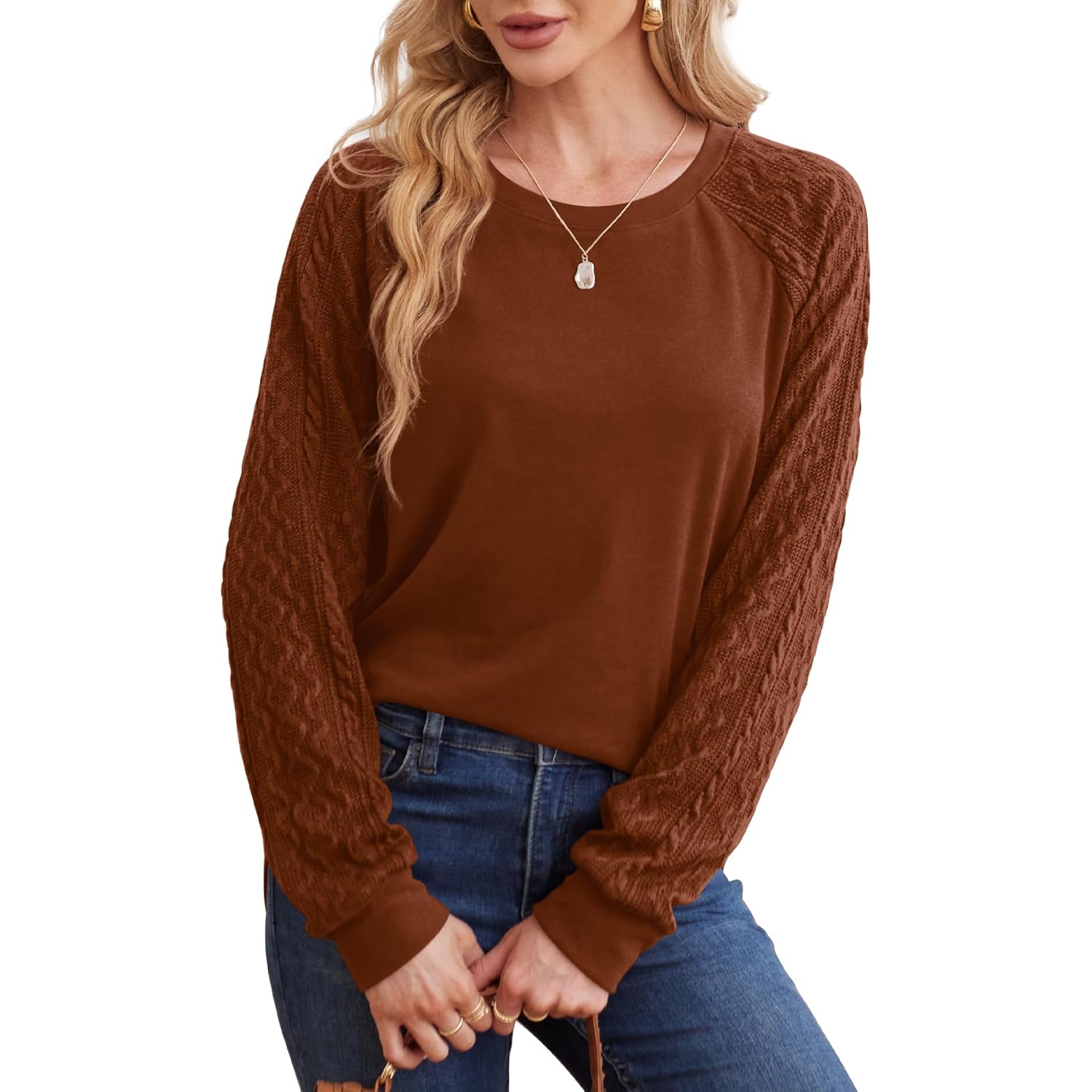Saloogoe sweatshirt for Dames Crewneck Cable Knit Sleeve - Image 3