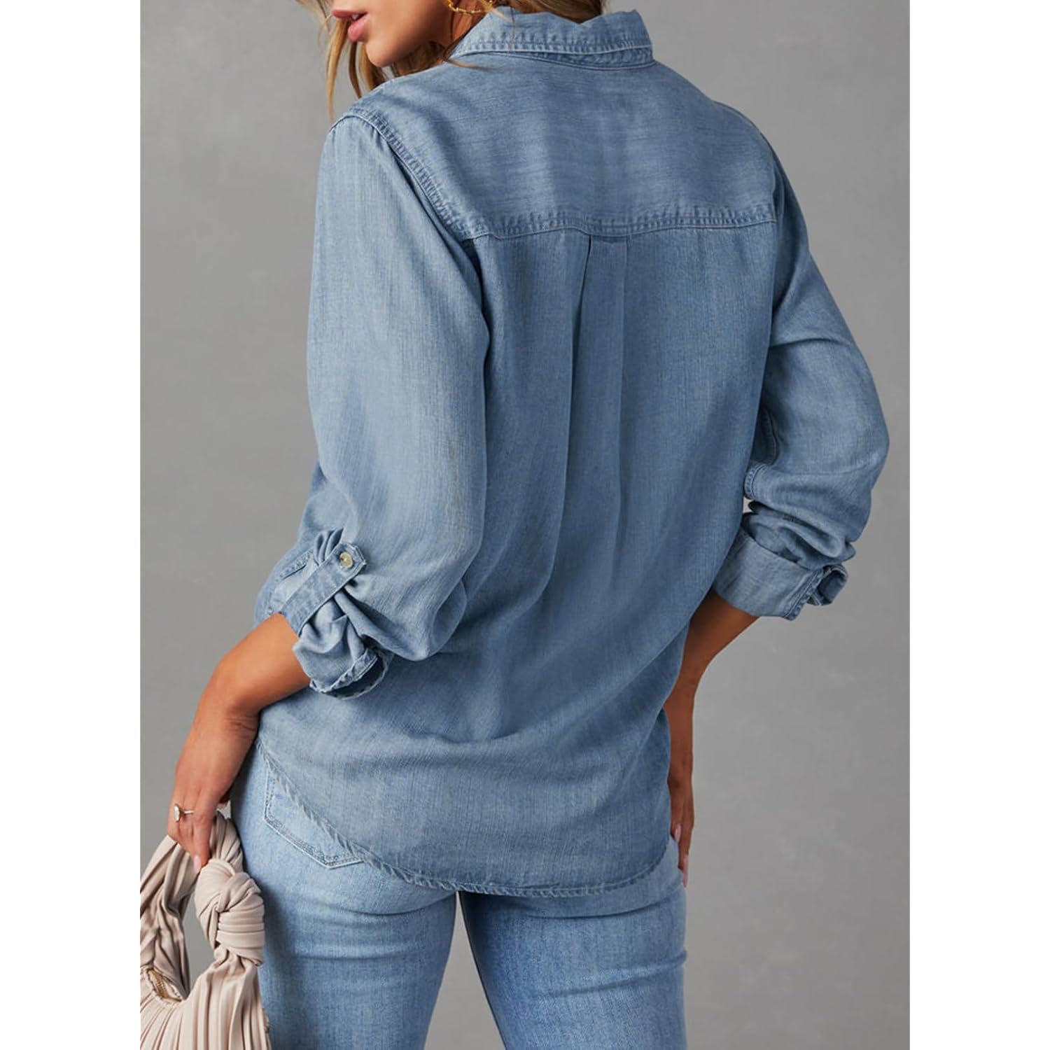 Astylish Dames doorknoop Denim shirt Casual lange mouw - Image 3