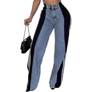Angsuttc Dames jeans with Patchwork Stripes high-waist Stretchy