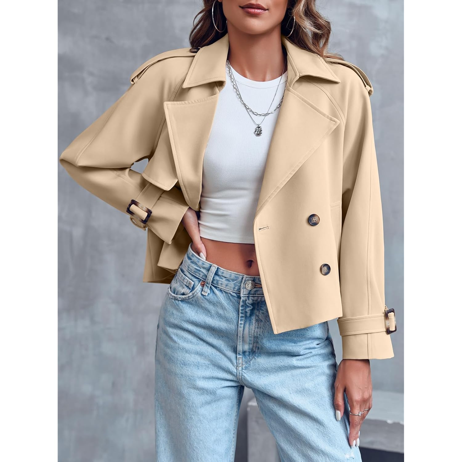 Saodimallsu Dames Crop Double Breasted trenchcoat mantel Raglan - Image 2