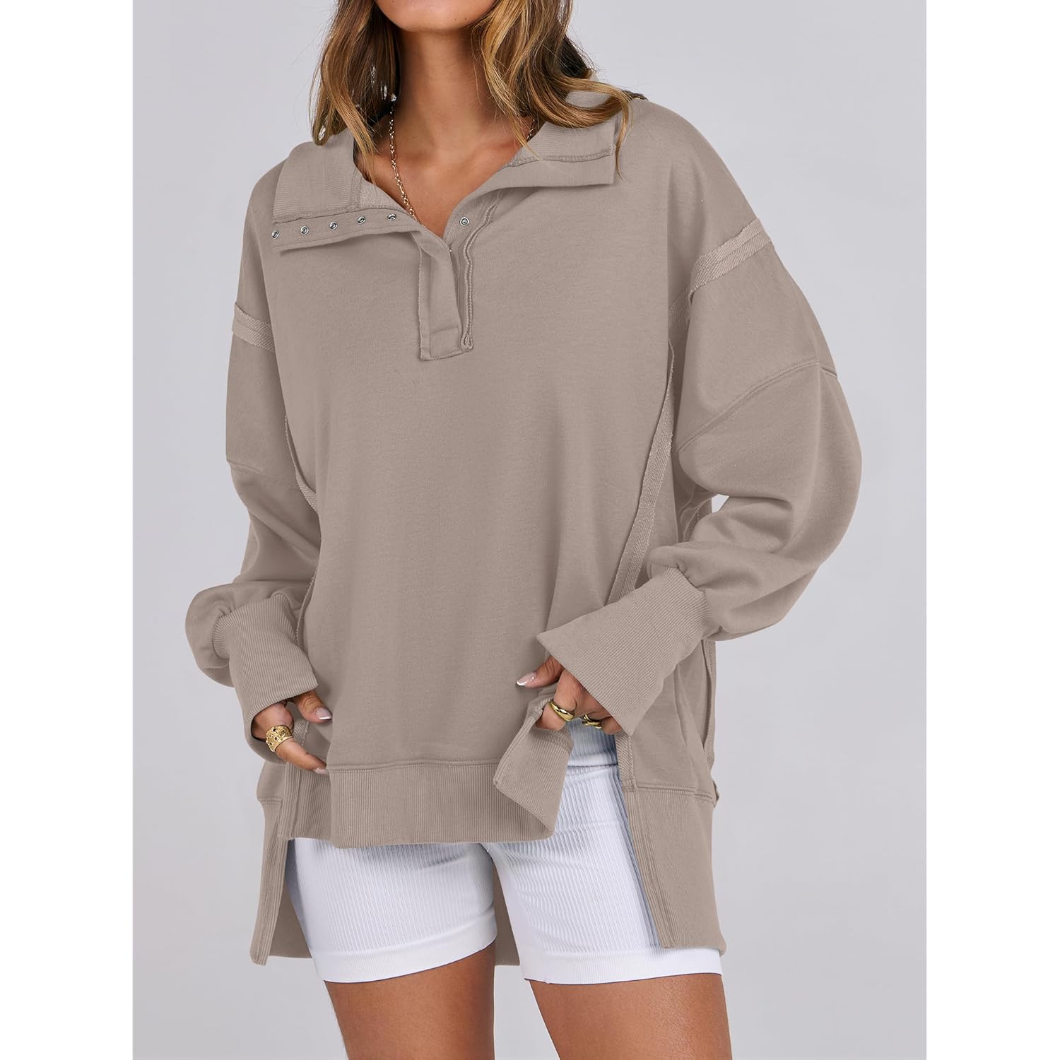 ANRABESS Dames sweatshirt oversized Casual Loose Button Up - Image 3