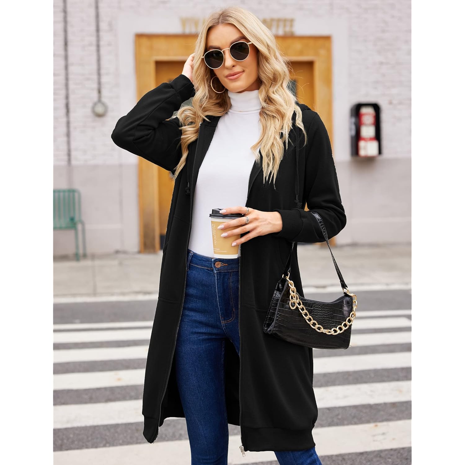 ELESOL Dames Casual rits fleece hoodie Tunic sweatshirt - Image 4