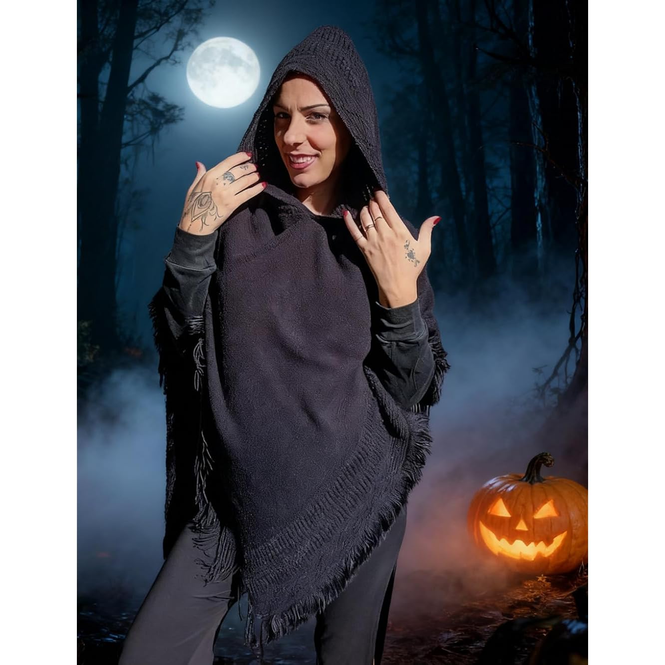 Ferand Ladies' capuchon Cape with Fringed Hem, Crochet - Image 6