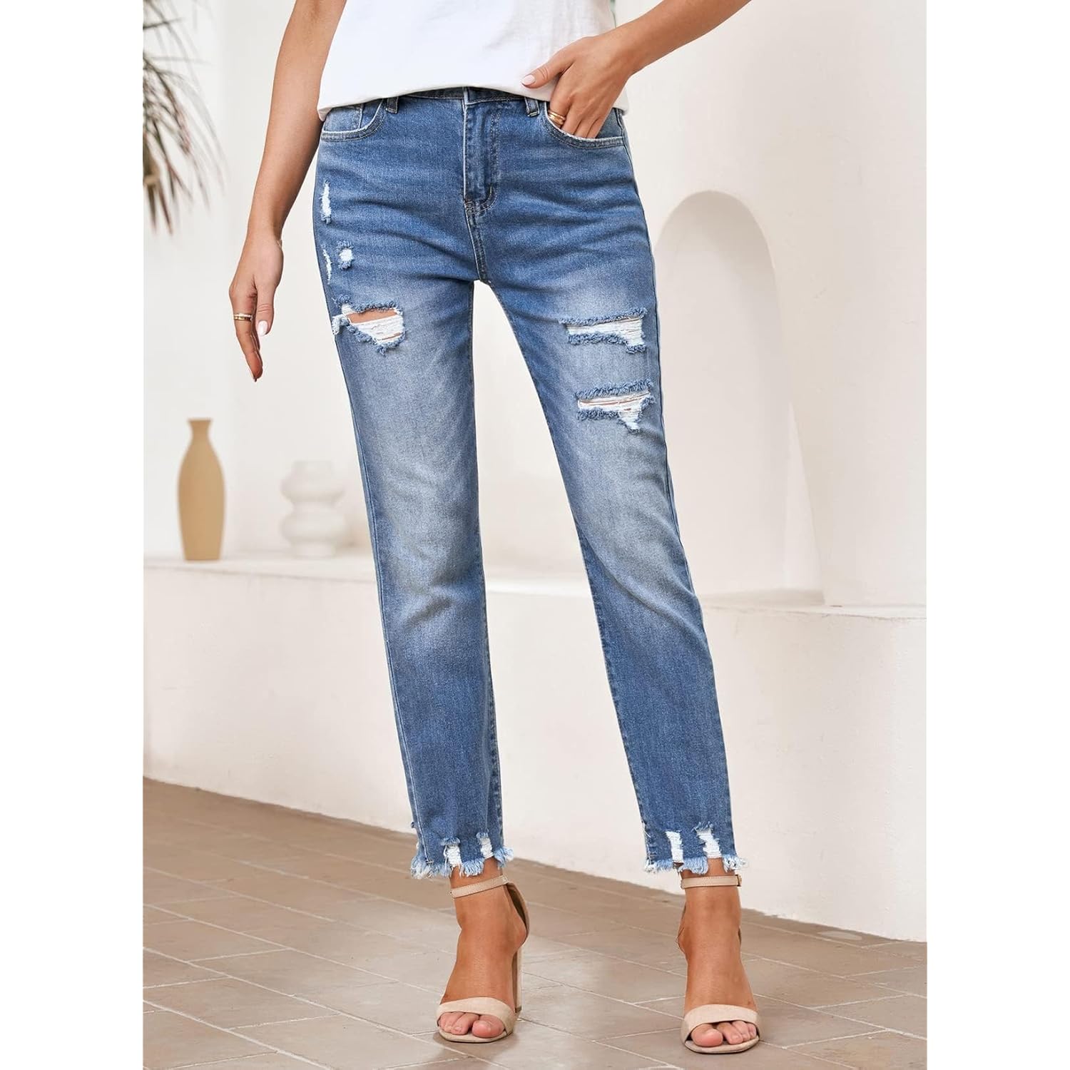 EVALESS Dames jeans high-waist Stretchy ripped distressed Tummy - Image 2