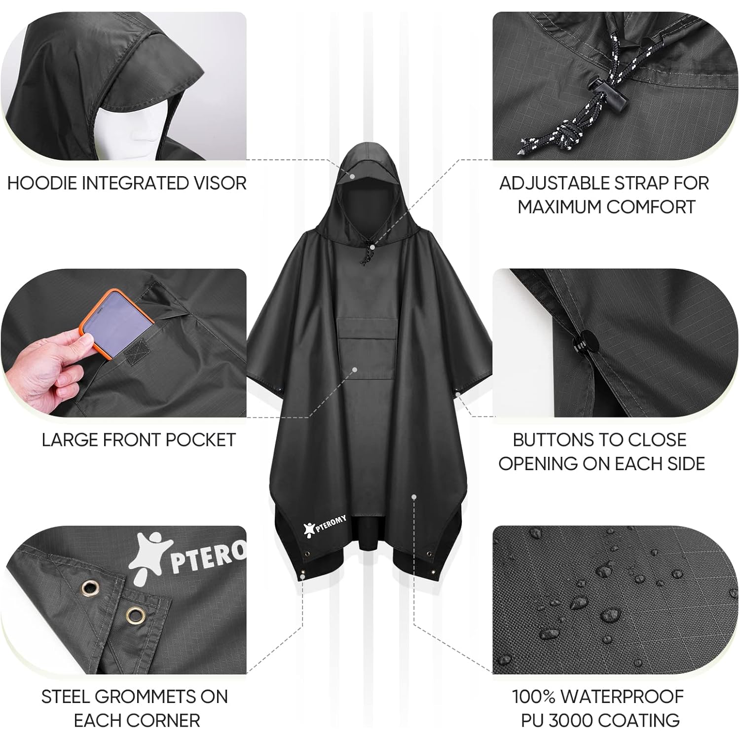 PTEROMY capuchon regen Poncho for Adult with Pocket, - Image 6