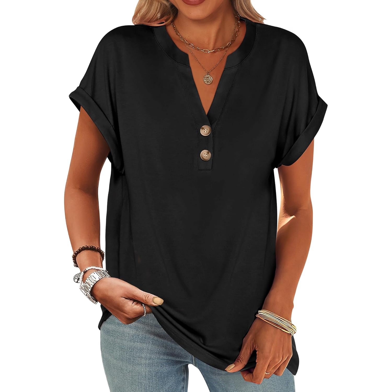 ANRABESS Dames korte mouw Henley top V Neck