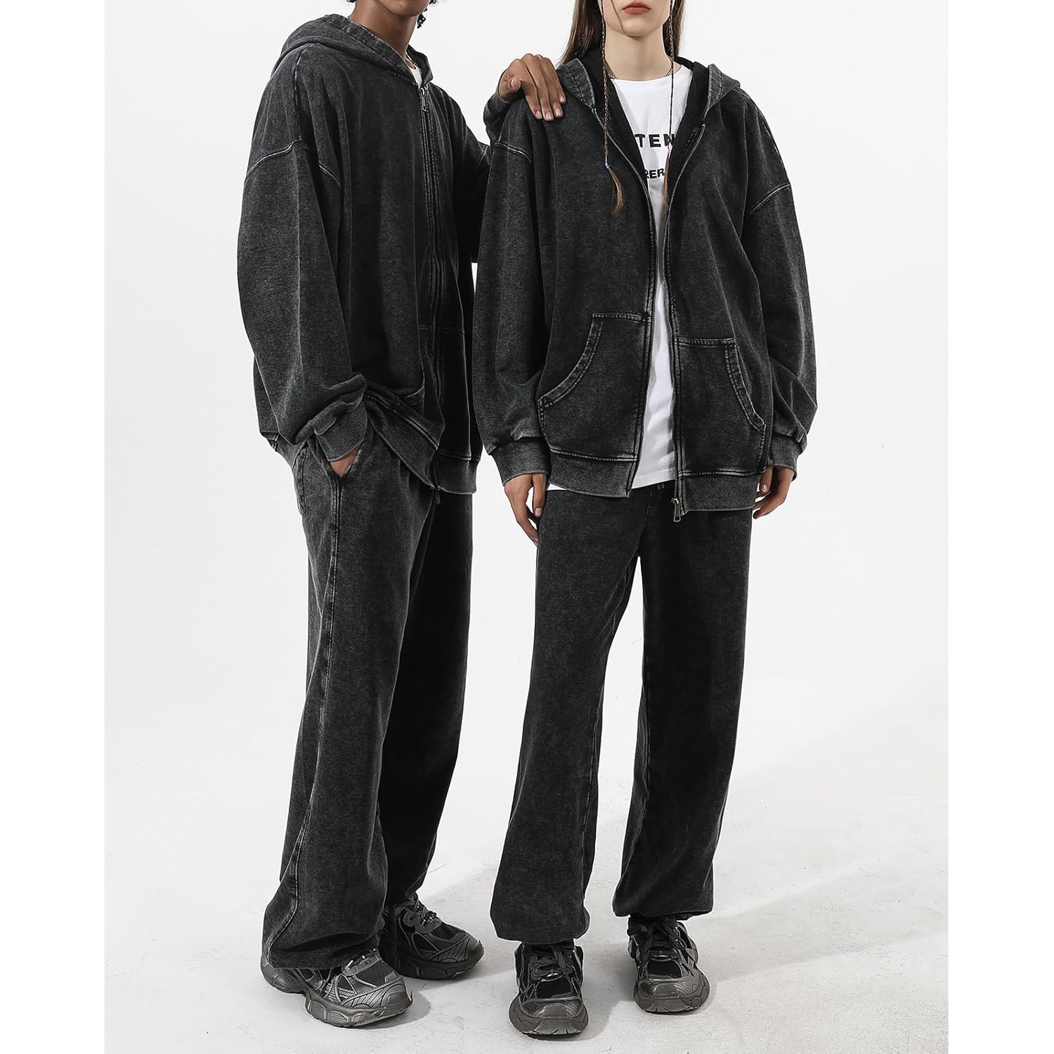 Heren zip Acid Wash Hoodie Vintage oversized Casual Fall Jacket Cotton Hooded - Image 5