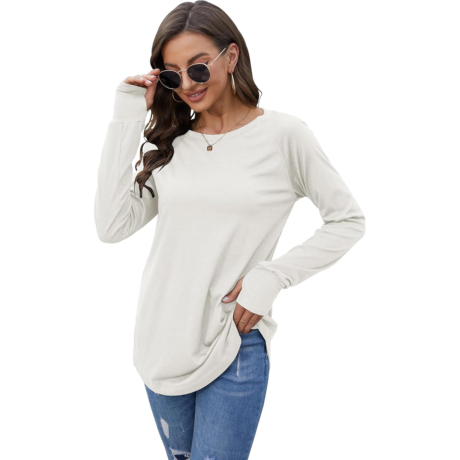 Fisoew Dames Casual lange mouw top ronde hals - Image 4