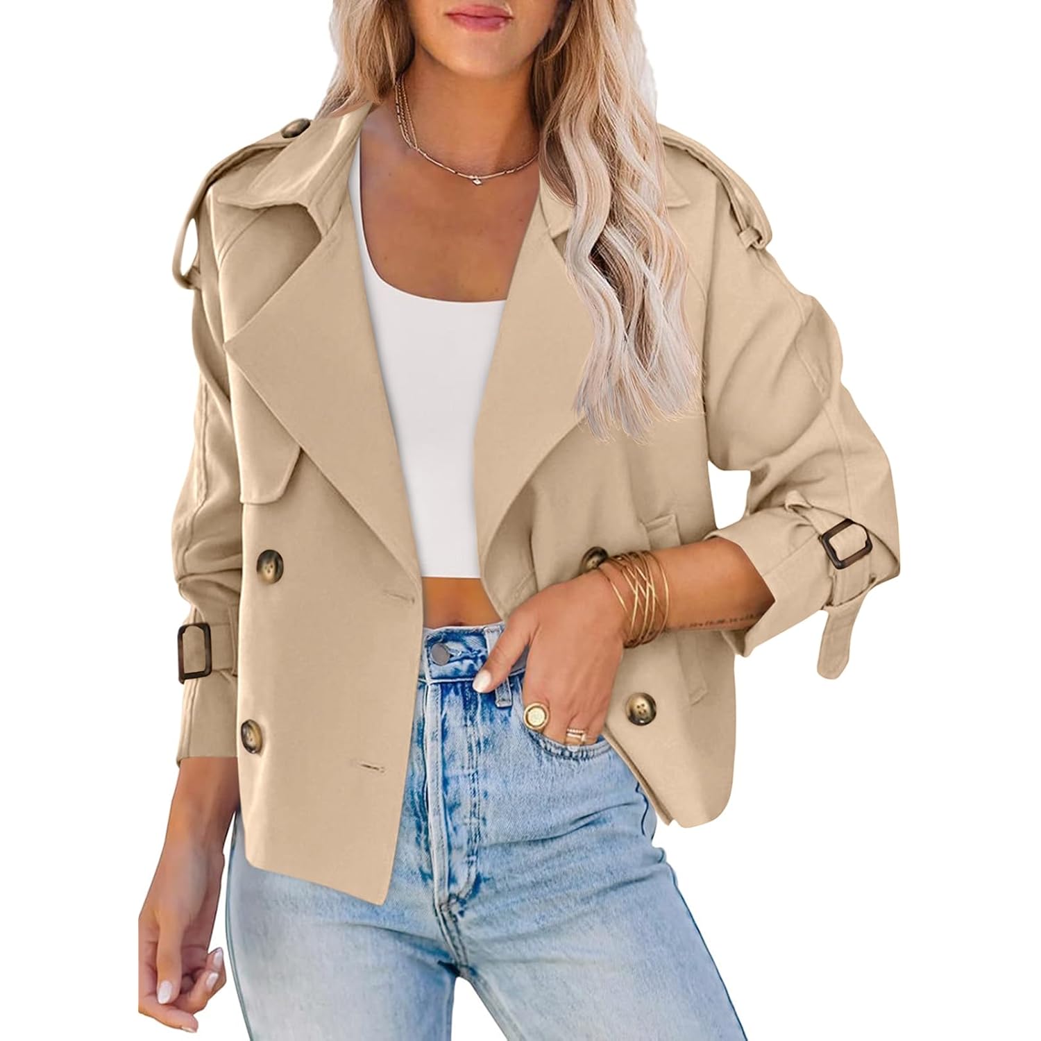 Saodimallsu Dames Crop Double Breasted trenchcoat mantel Raglan