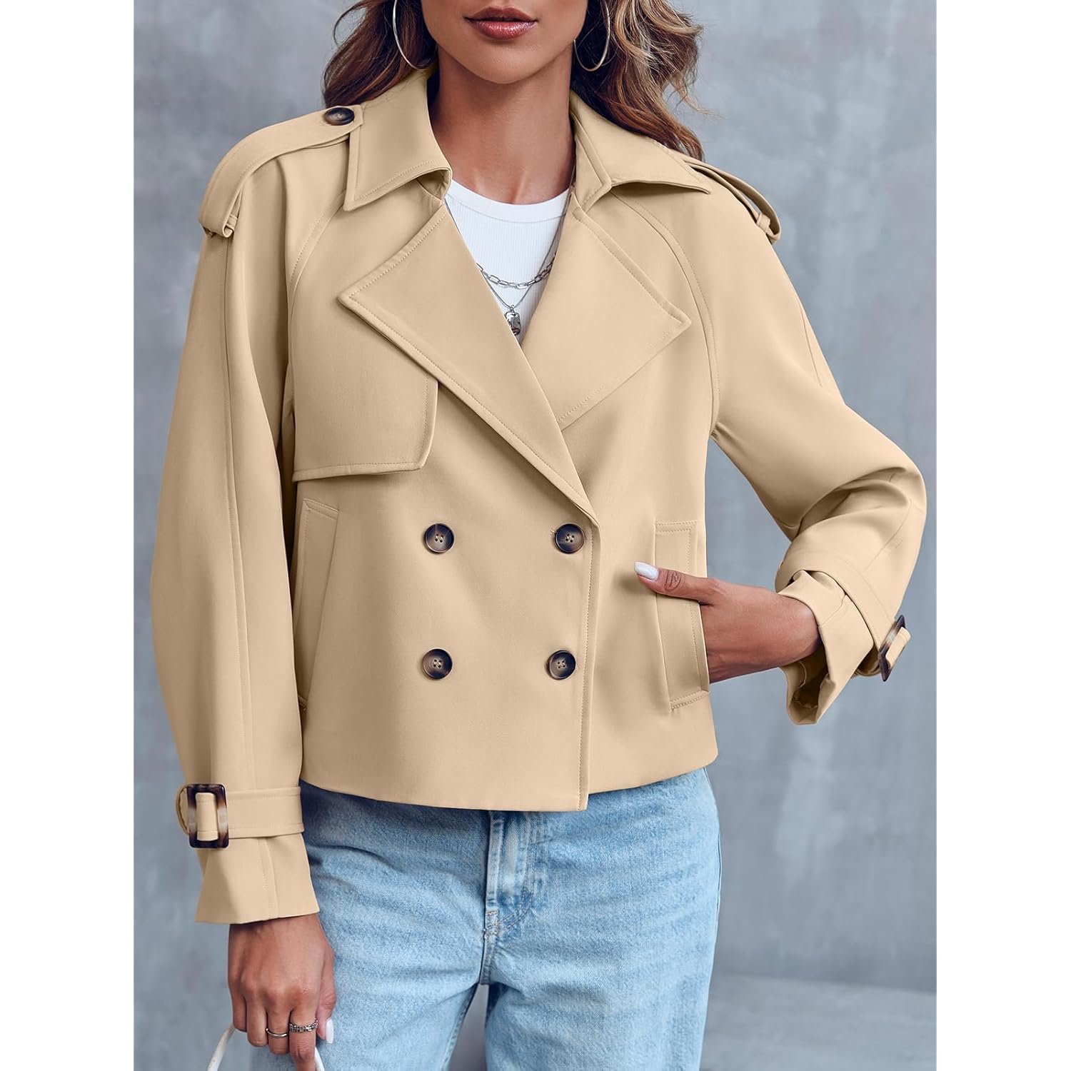 Saodimallsu Dames Crop Double Breasted trenchcoat mantel Raglan - Image 3