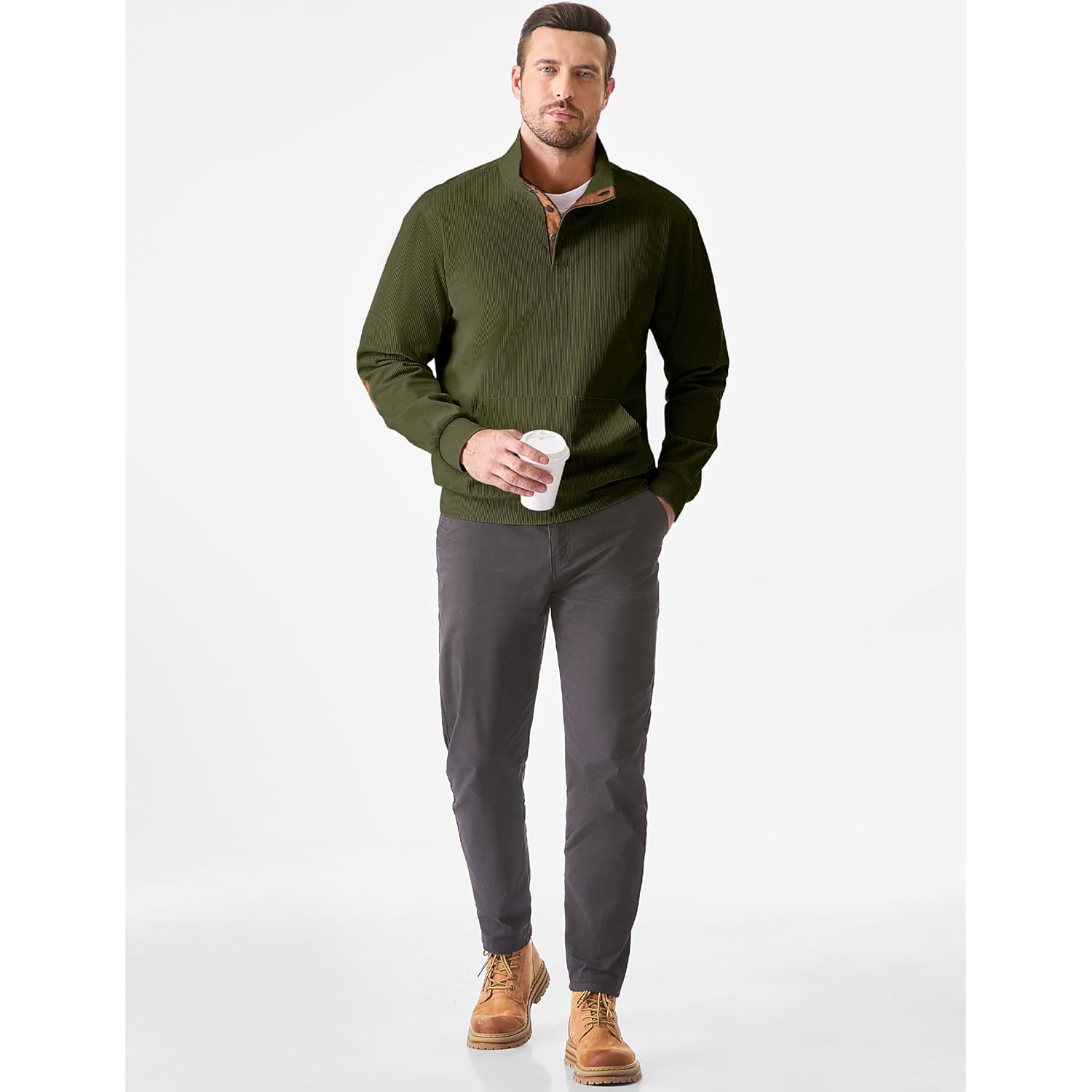 Heren hoodie Warm Corduroy sweatshirt Casual Stand Collar Quarter Fall Metal Button - Image 2