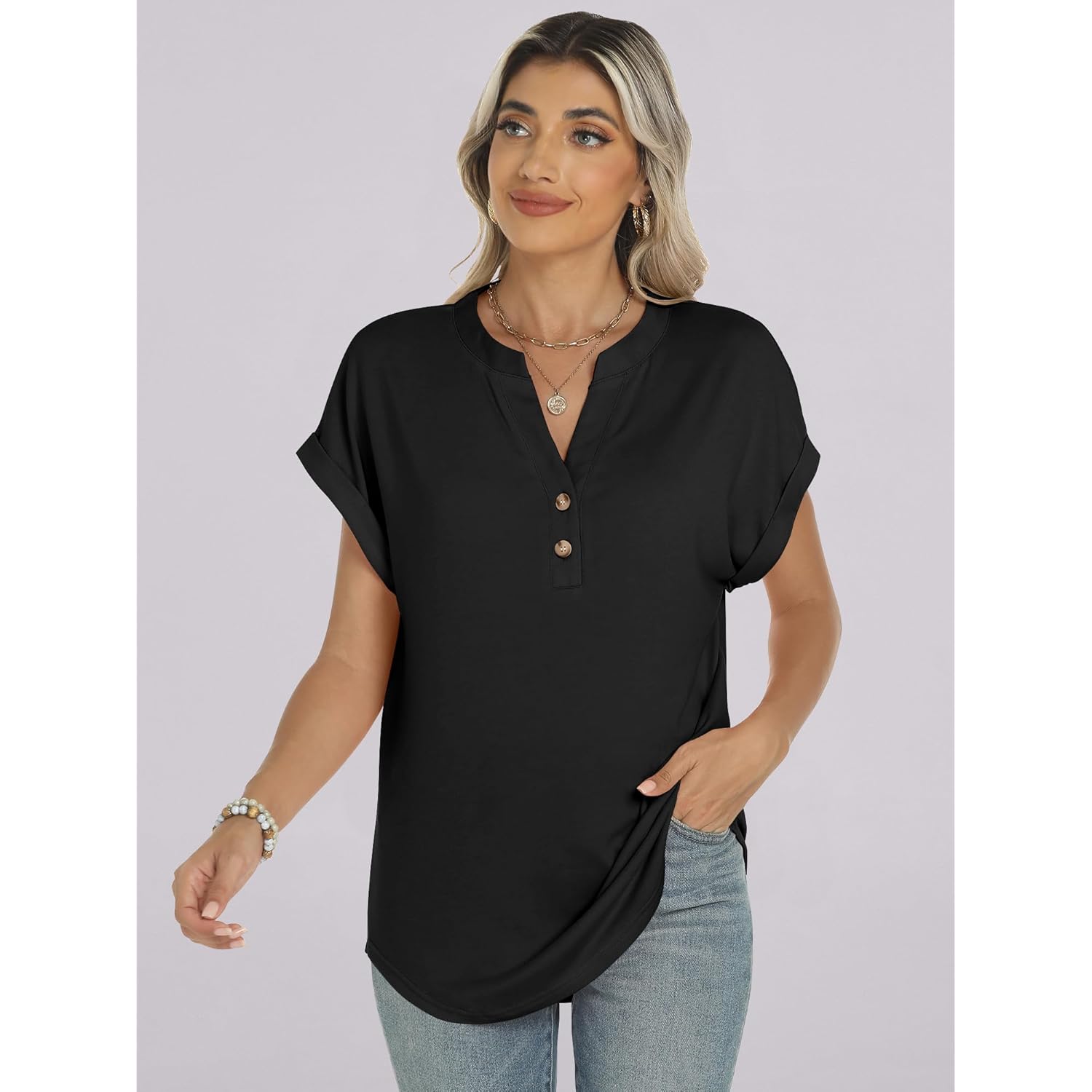 ANRABESS Dames korte mouw Henley top V Neck - Image 6