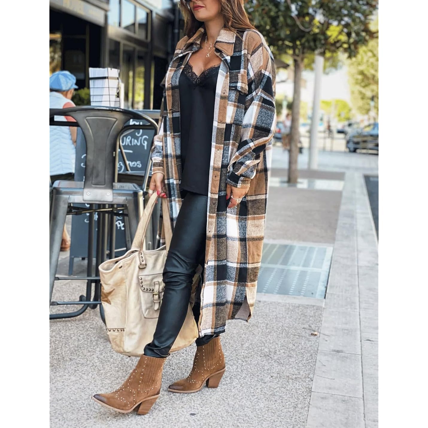 SKIKYAN Dames Fall Flannel Plaid Shacket Jacket oversized - Image 3