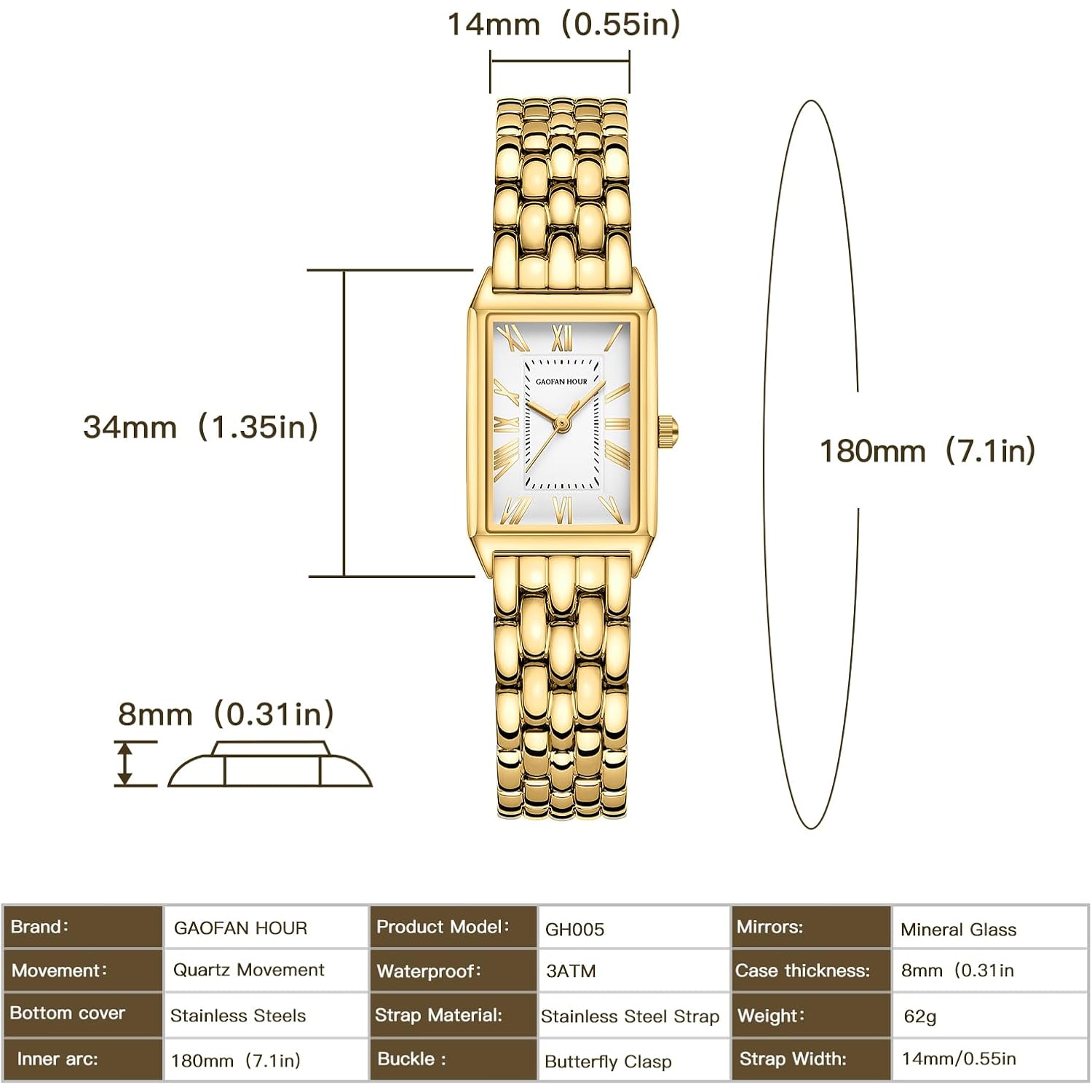 Goud horloge for Dames with Vintage Rectangular kast,wit - Image 4