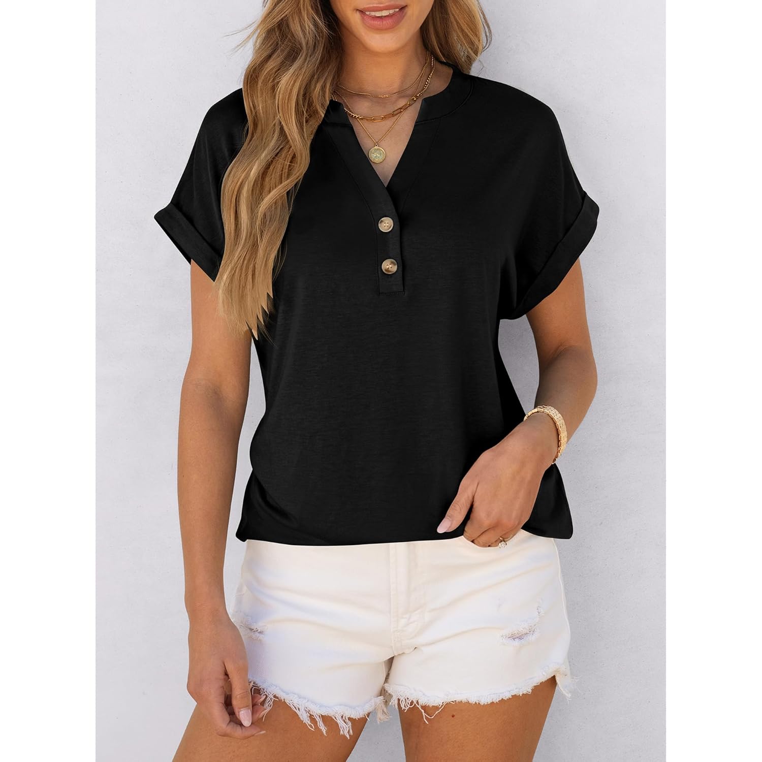 ANRABESS Dames korte mouw Henley top V Neck - Image 3