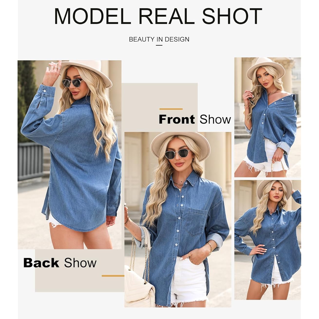 Astylish Dames Denim shirt doorknoop blouse V Neck - Image 4