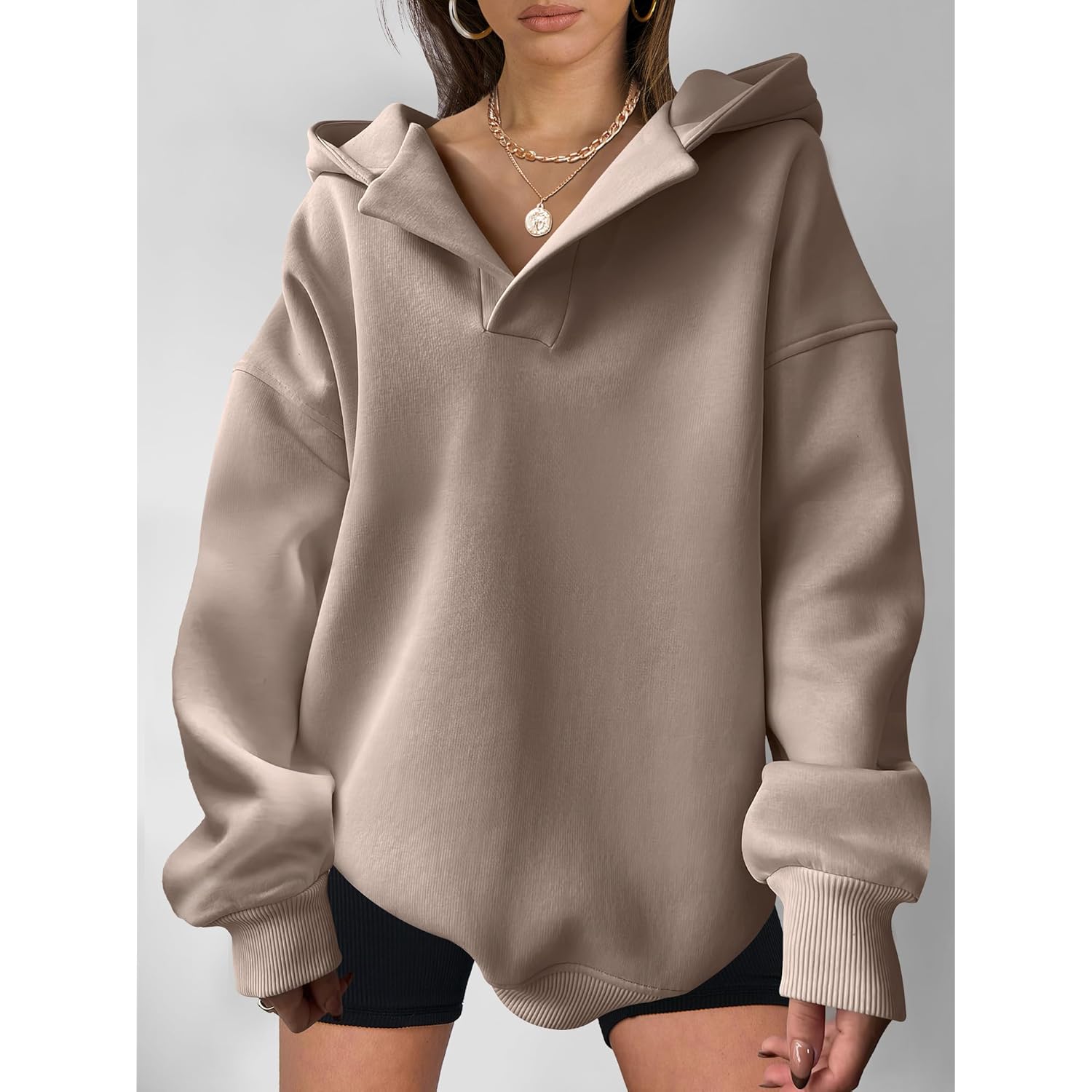 ANRABESS Dames oversized hoodie V Neck sweatshirt fleece - Image 3