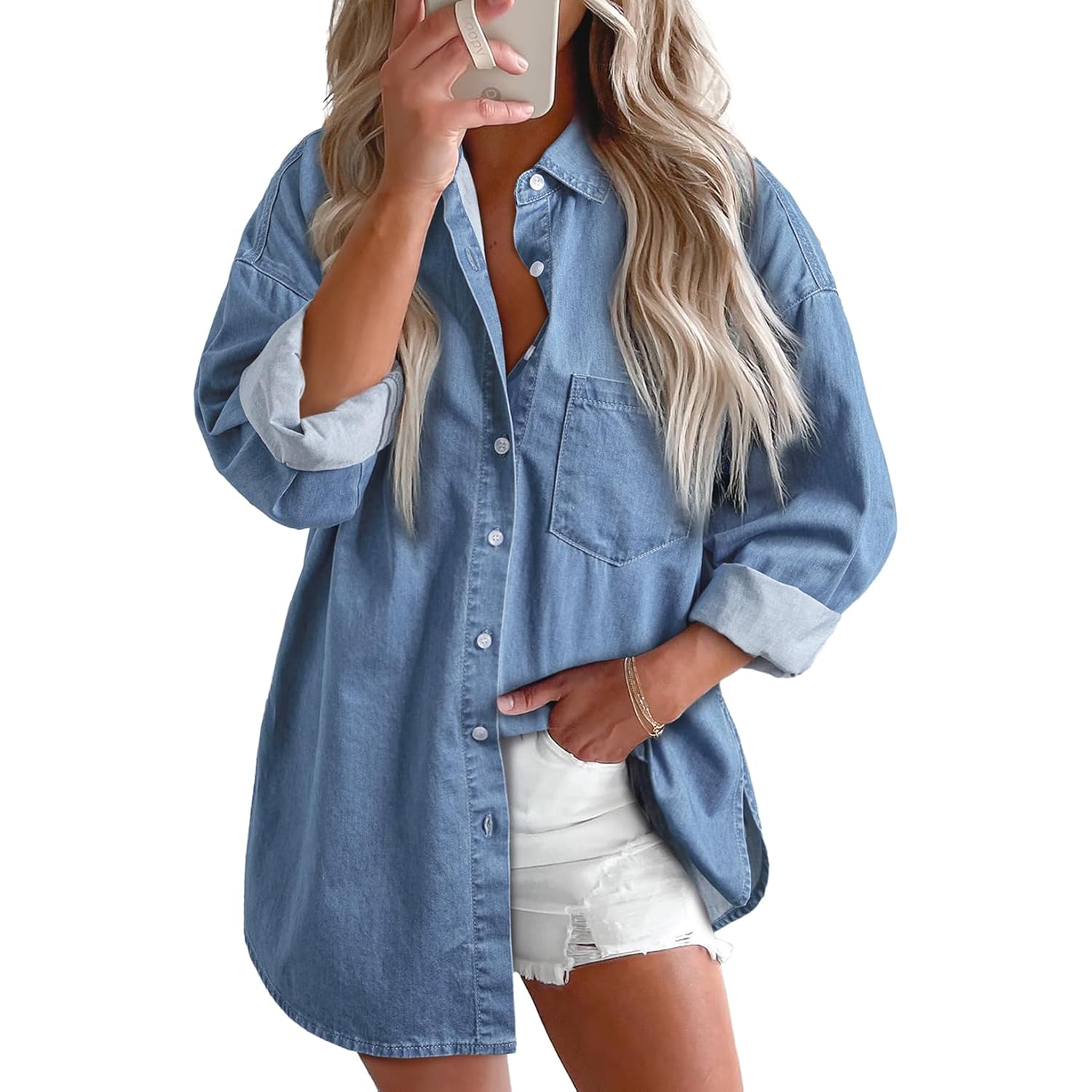 Astylish Dames Denim shirt doorknoop blouse V Neck