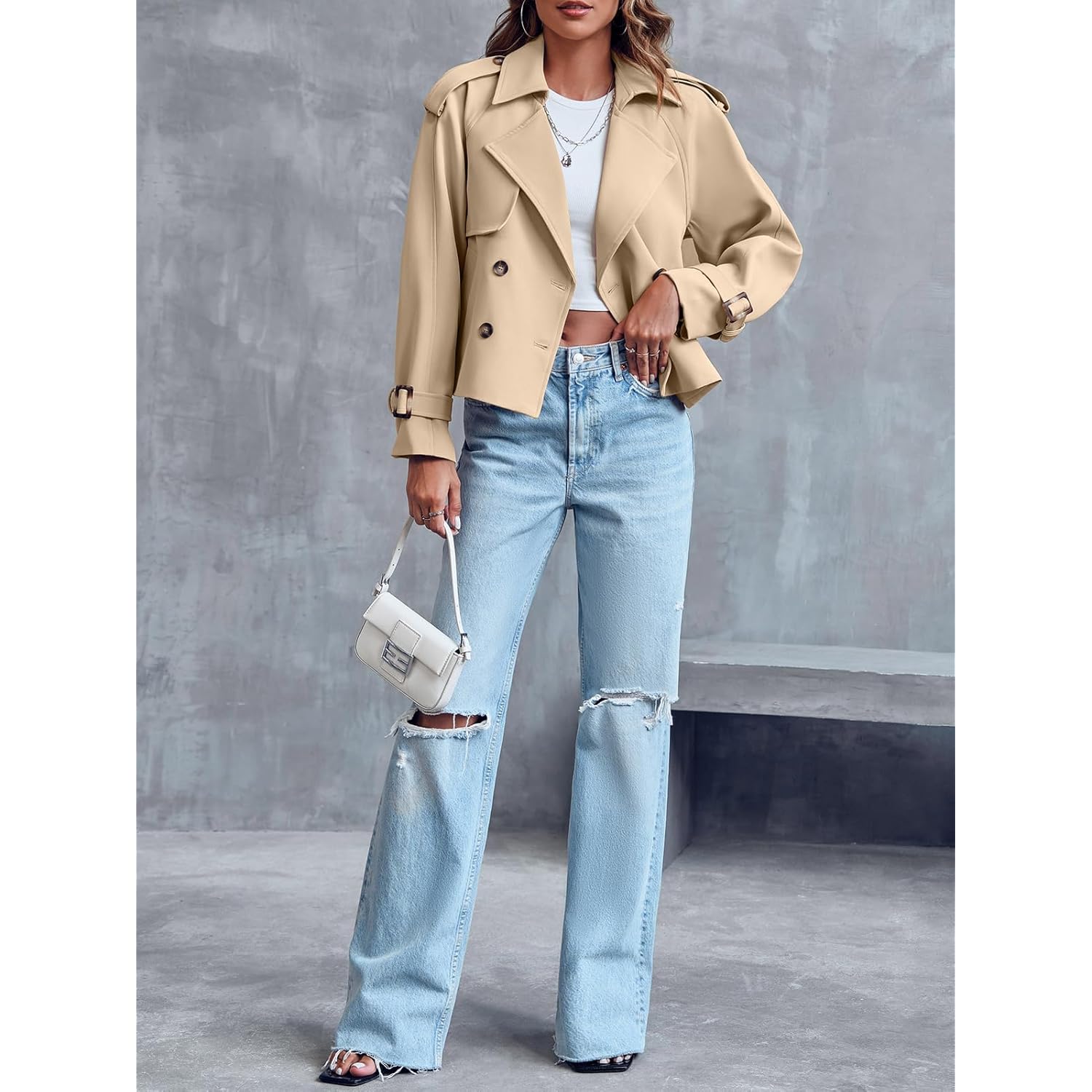 Saodimallsu Dames Crop Double Breasted trenchcoat mantel Raglan - Image 4