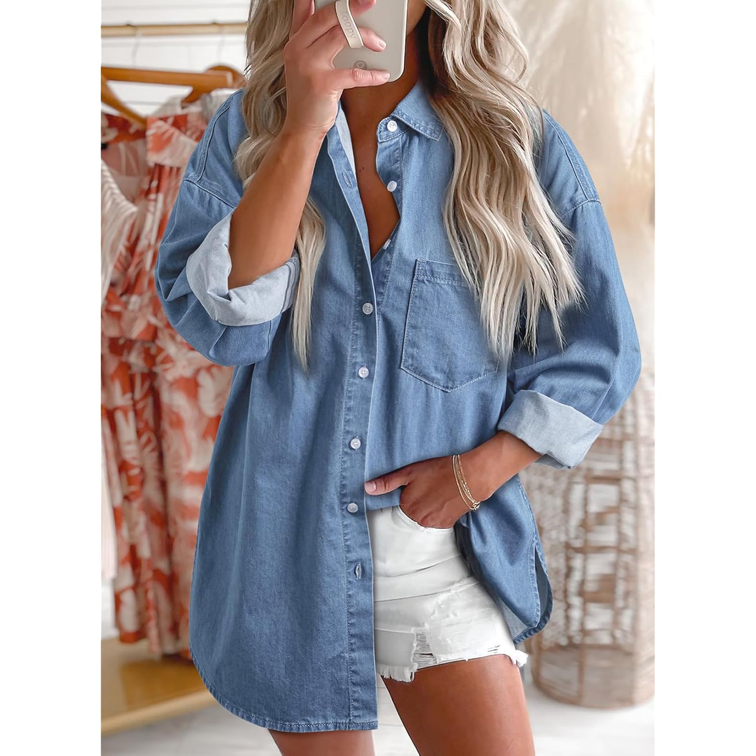 Astylish Dames Denim shirt doorknoop blouse V Neck - Image 2