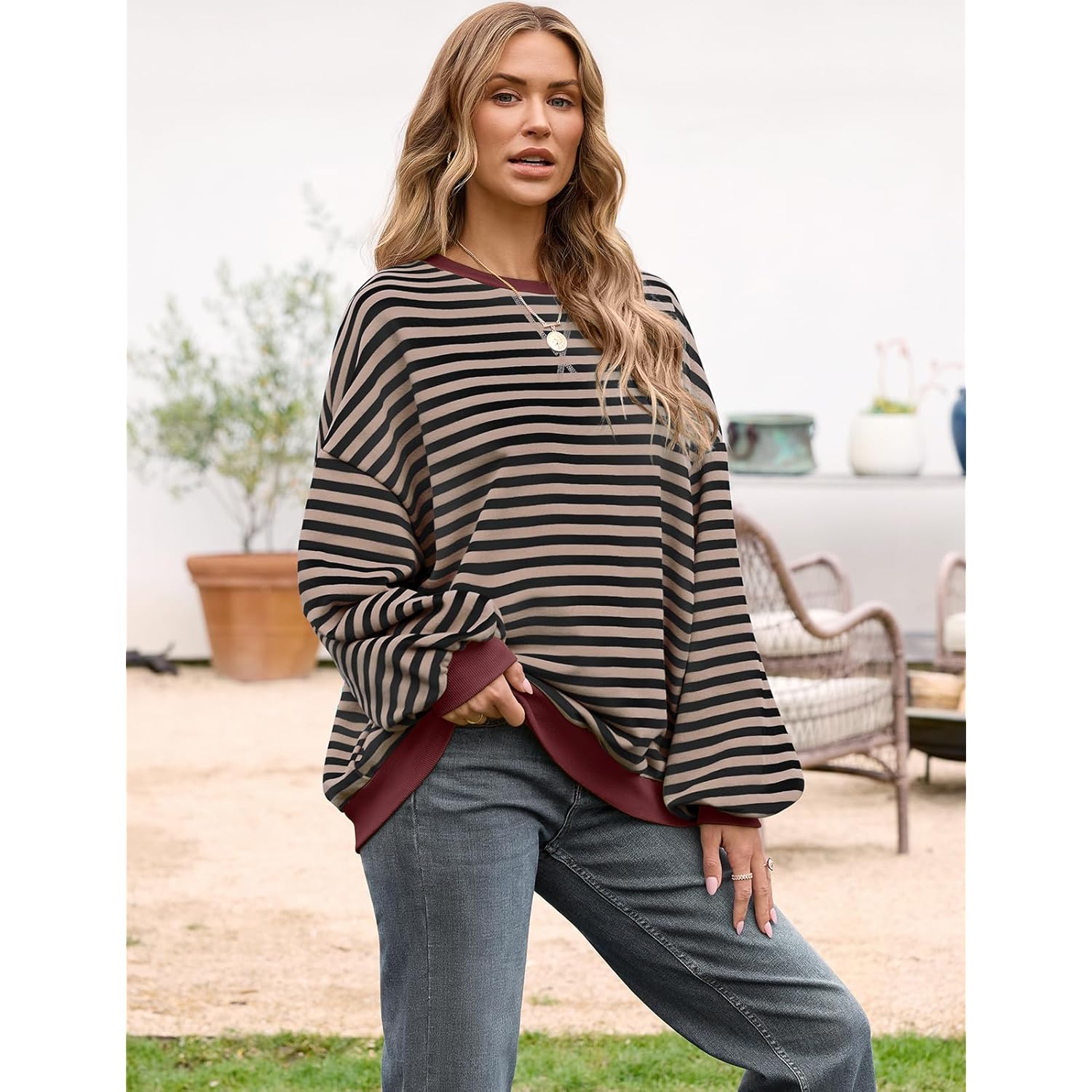 UEU Dames oversized Striped Crewneck sweatshirt Long Sleeve - Image 3