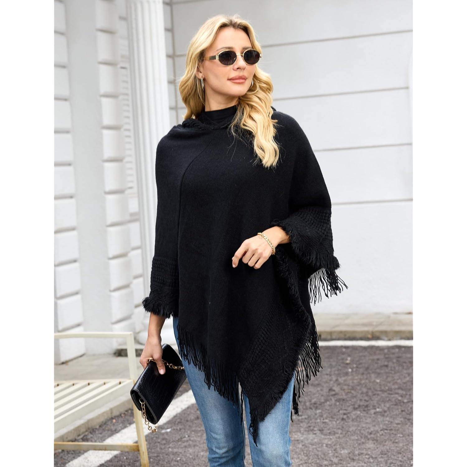 Ferand Ladies' capuchon Cape with Fringed Hem, Crochet - Image 2