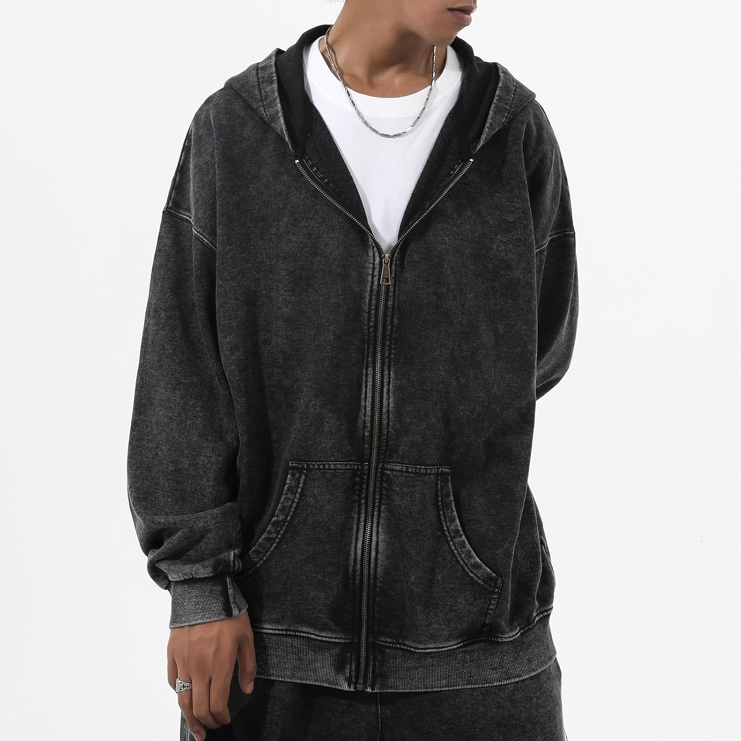 Heren zip Acid Wash Hoodie Vintage oversized Casual Fall Jacket Cotton Hooded - Image 3