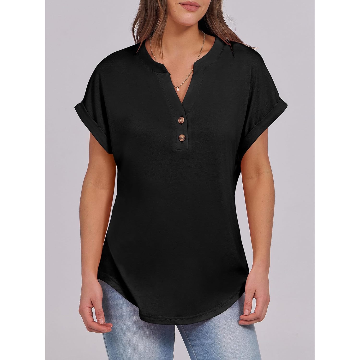 ANRABESS Dames korte mouw Henley top V Neck - Image 2