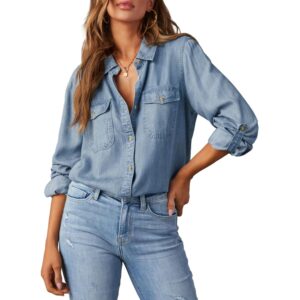 Astylish Dames doorknoop Denim shirt Casual lange mouw