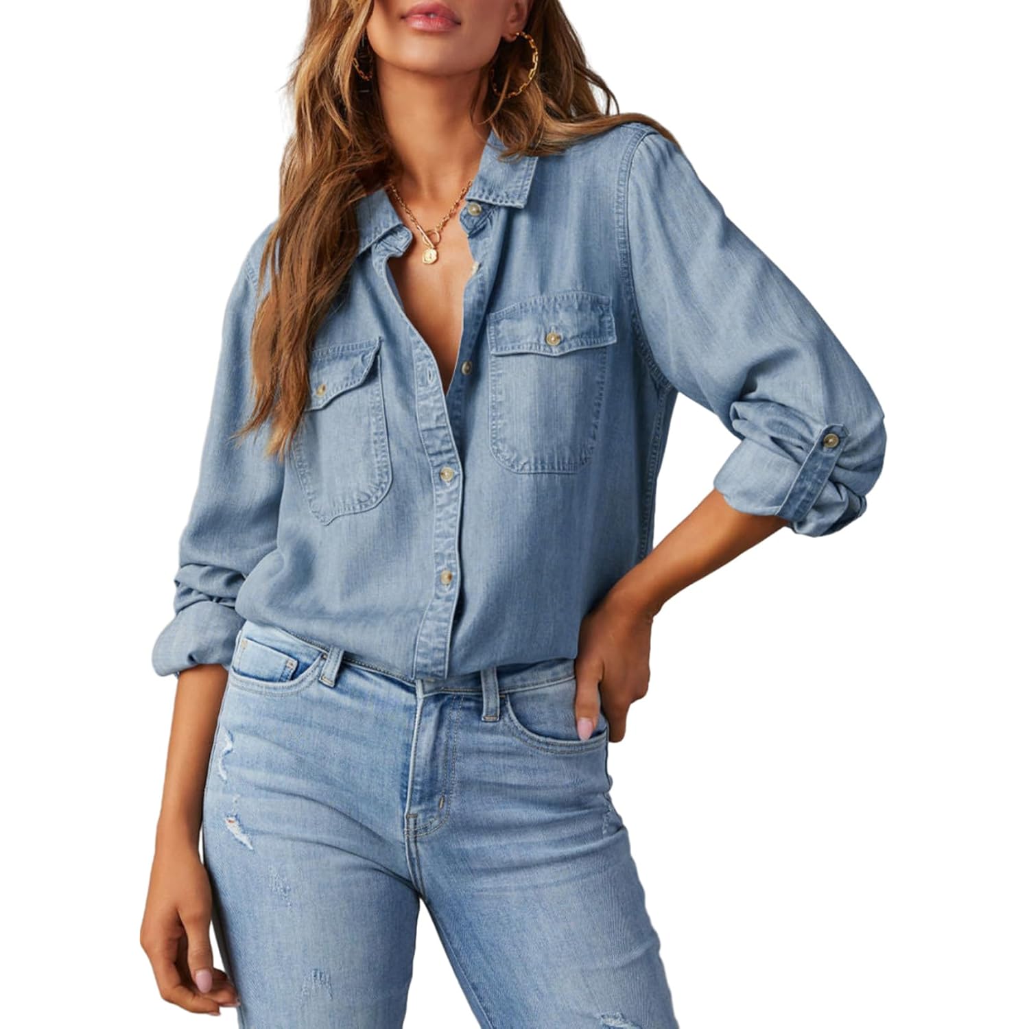 Astylish Dames doorknoop Denim shirt Casual lange mouw