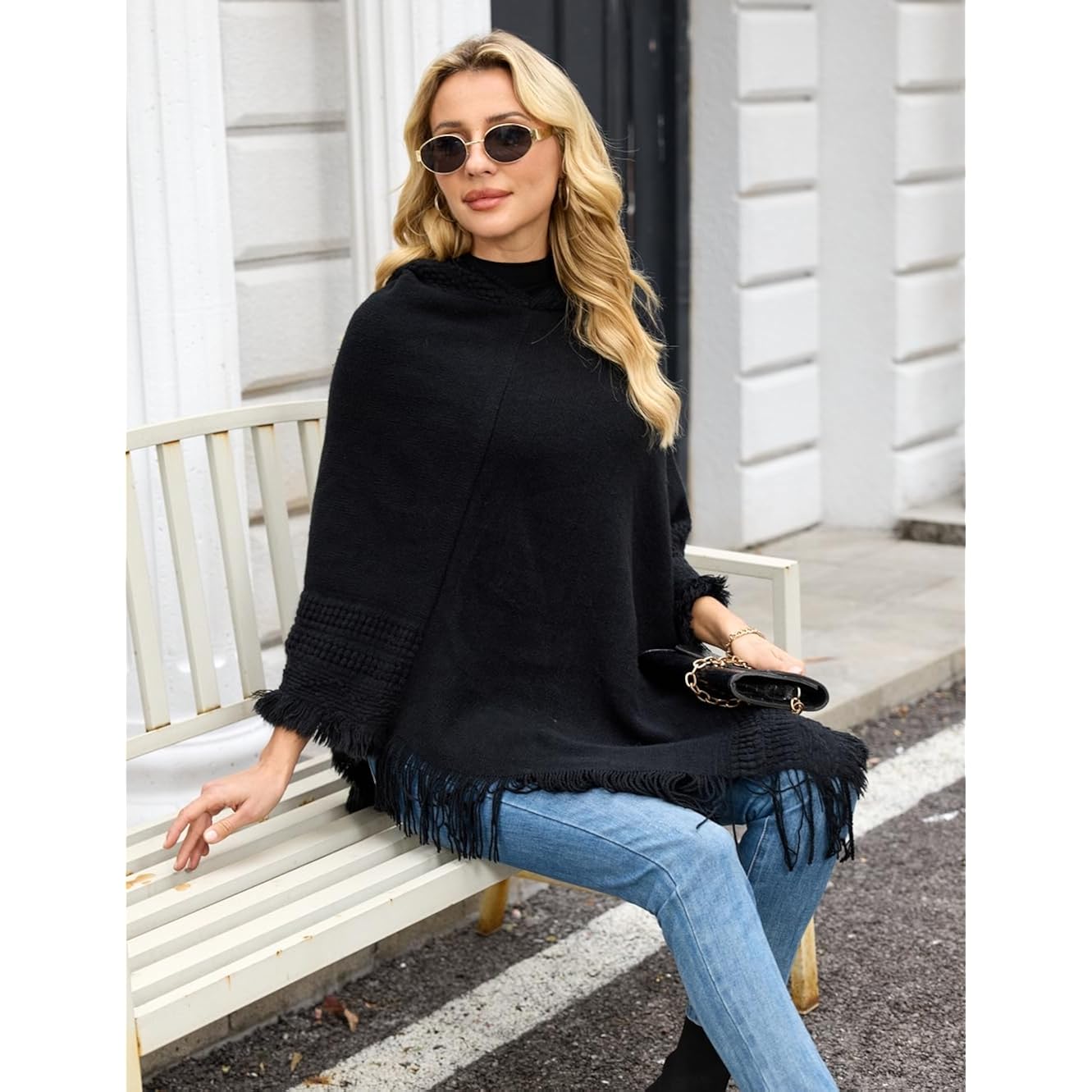 Ferand Ladies' capuchon Cape with Fringed Hem, Crochet - Image 3