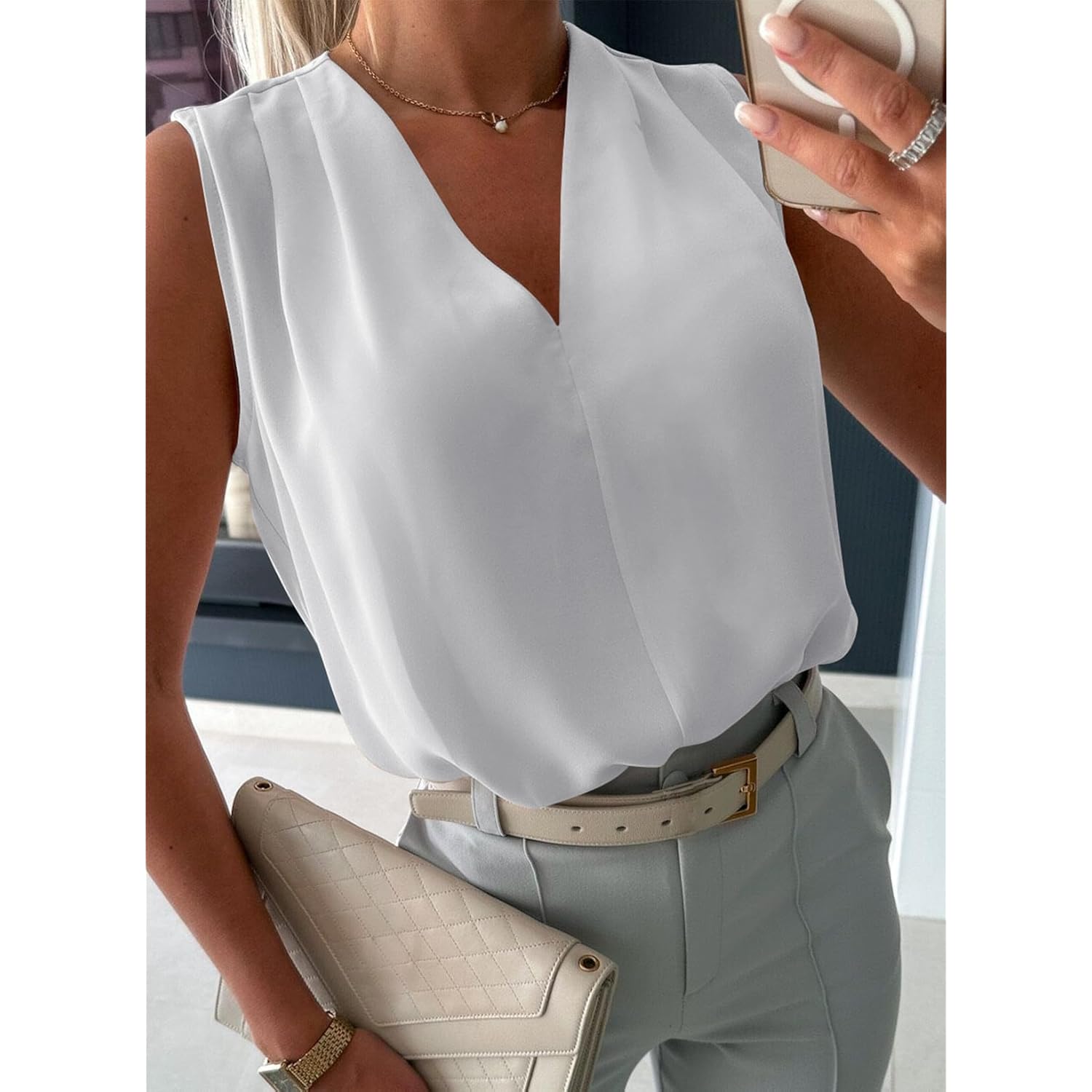 EVALESS Dames Pleated tanktop V Neck Casual mouwloos - Image 2