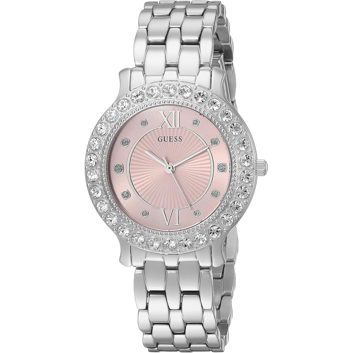 GUESS roestvrij staal + Pink Crystal schakelband horloge.
