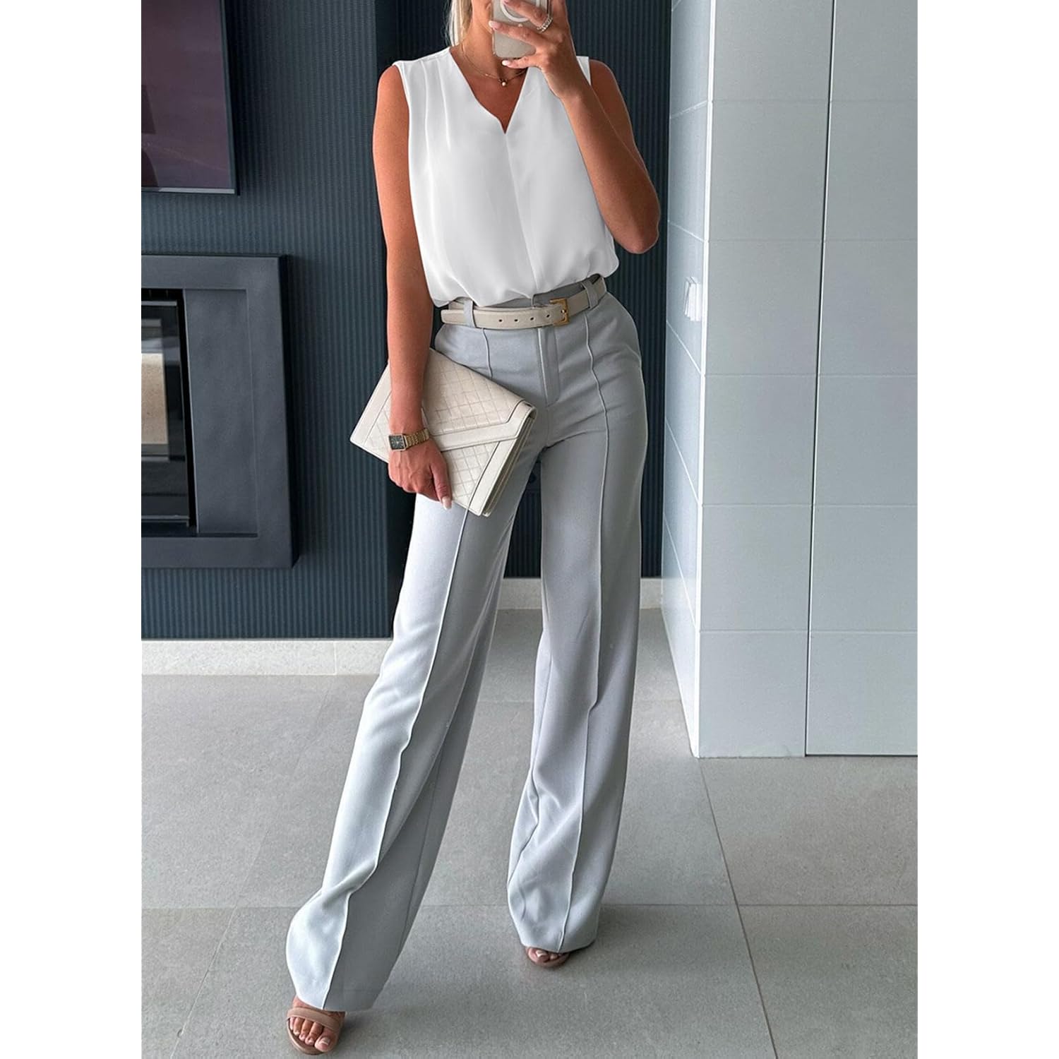 EVALESS Dames Pleated tanktop V Neck Casual mouwloos - Image 5