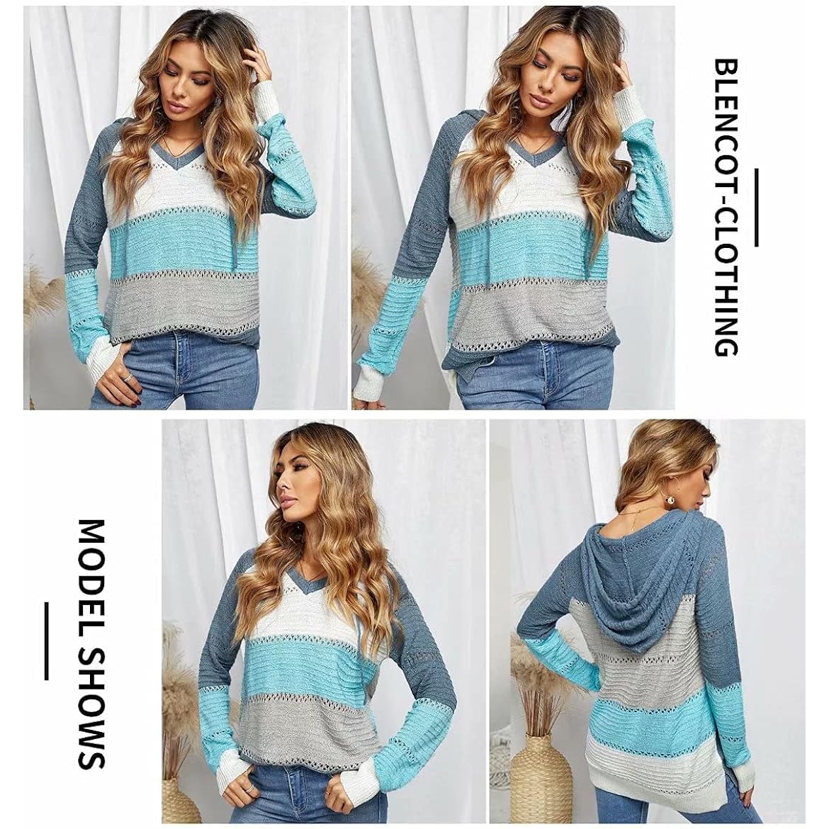 BLENCOT Dames Color Block capuchon Crochet Striped Sweaters - Image 3