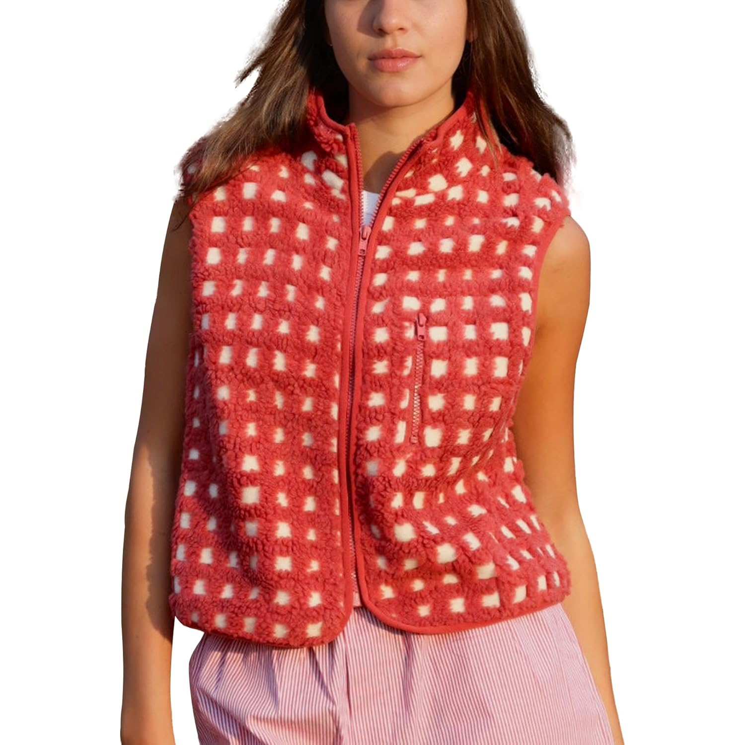 Dames Checkered Sherpa bodywarmer Sleeveless Winter fleece jas