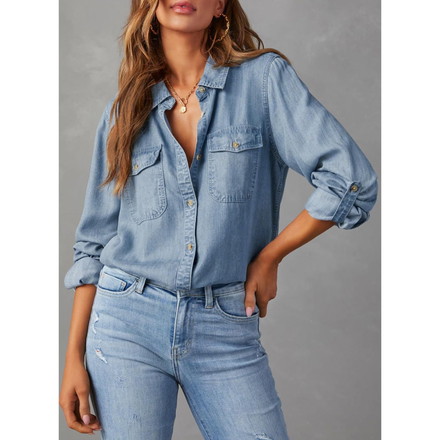 Astylish Dames doorknoop Denim shirt Casual lange mouw - Image 2