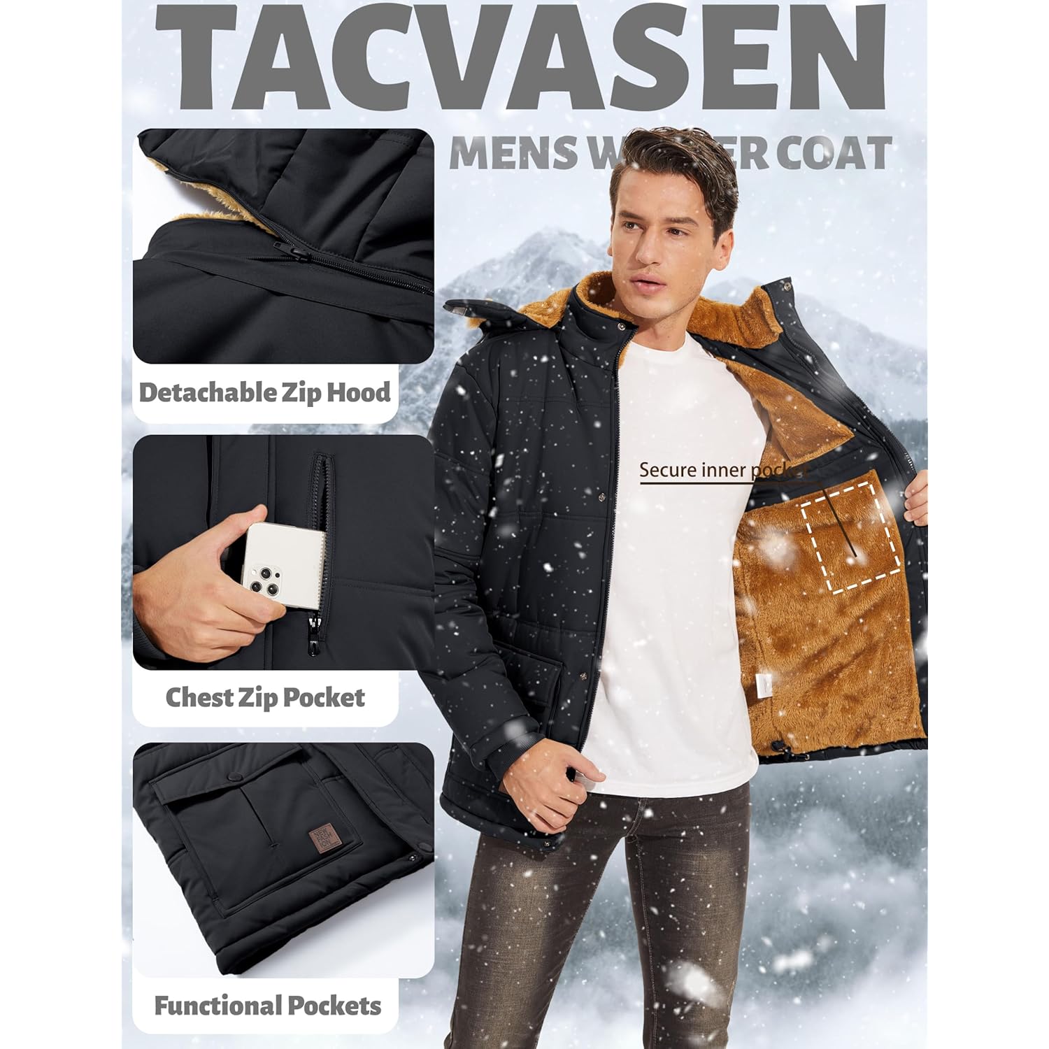 TACVASEN Heren Winter jas with capuchon Water Repellent - Image 5