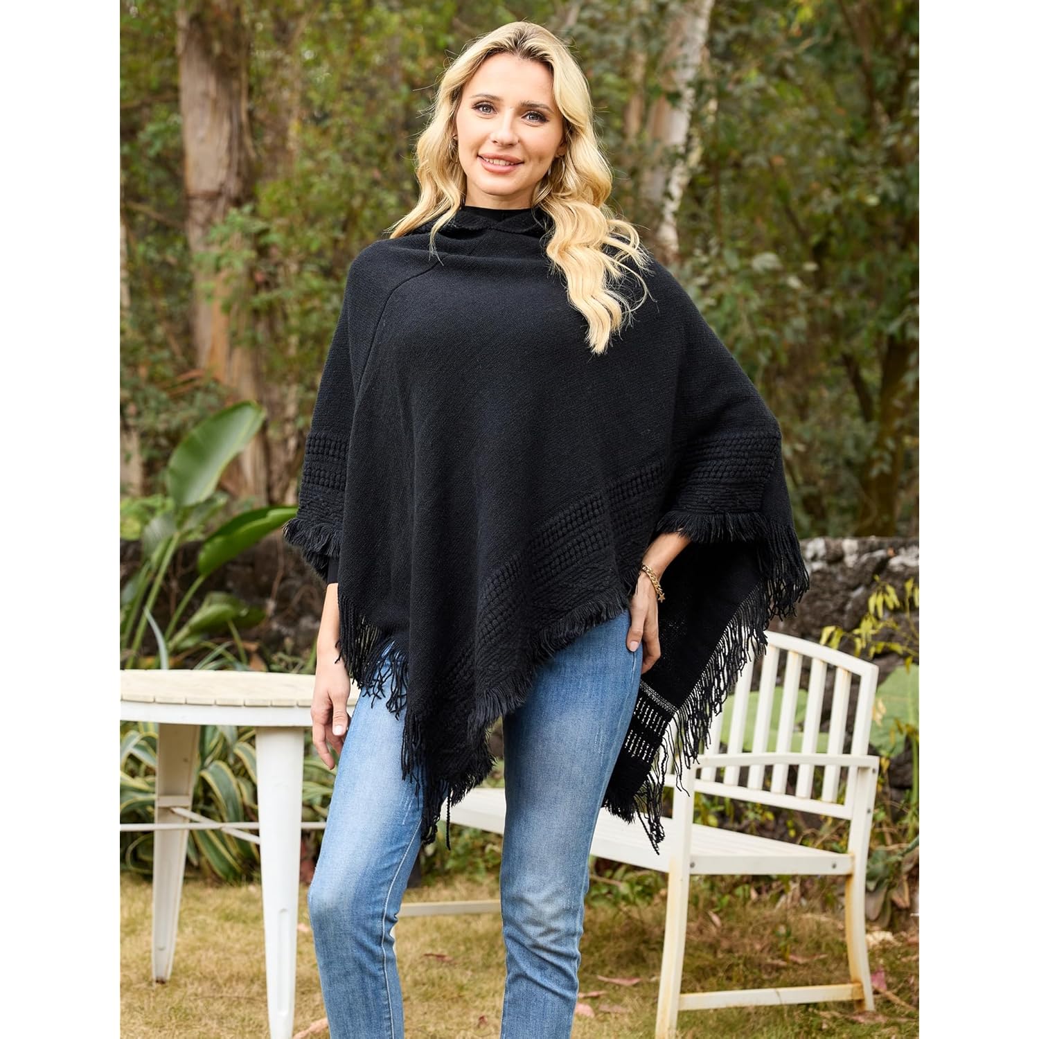 Ferand Ladies' capuchon Cape with Fringed Hem, Crochet - Image 4